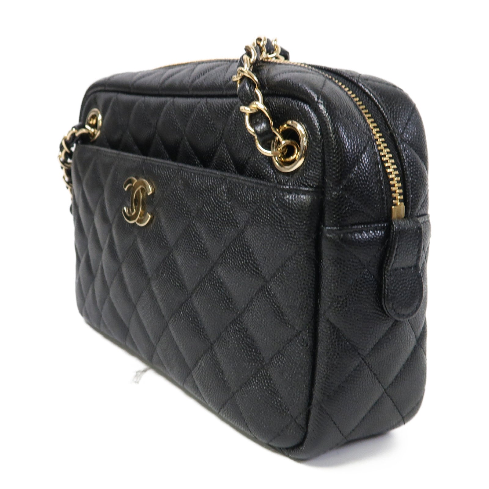 CHANEL 菱格Caviar皮革Chain Shoulder金扣鏈帶肩背袋黑色