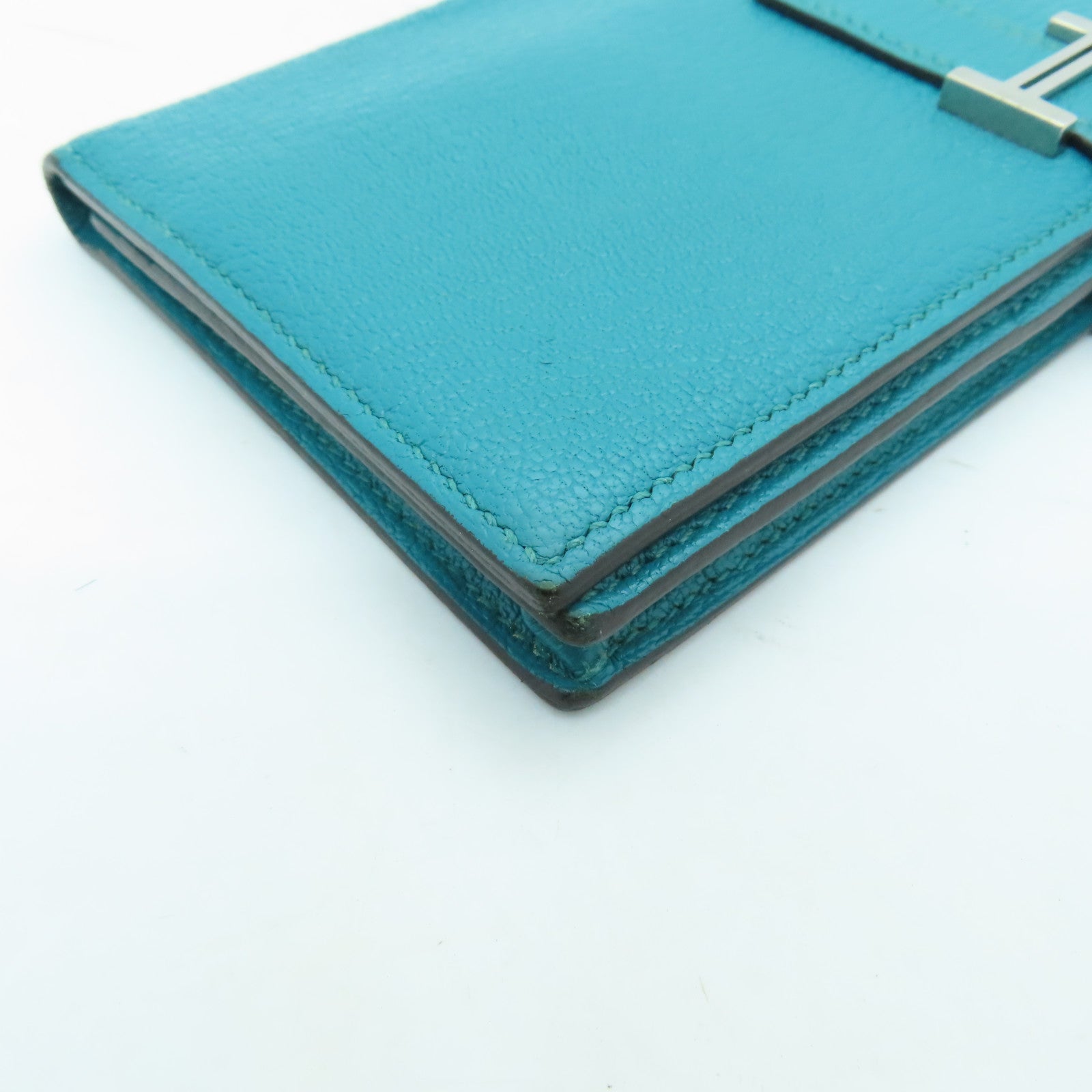 HERMES Chevre Leather Bearn W Snap Silver Buckle Long Wallet Peacock Blue