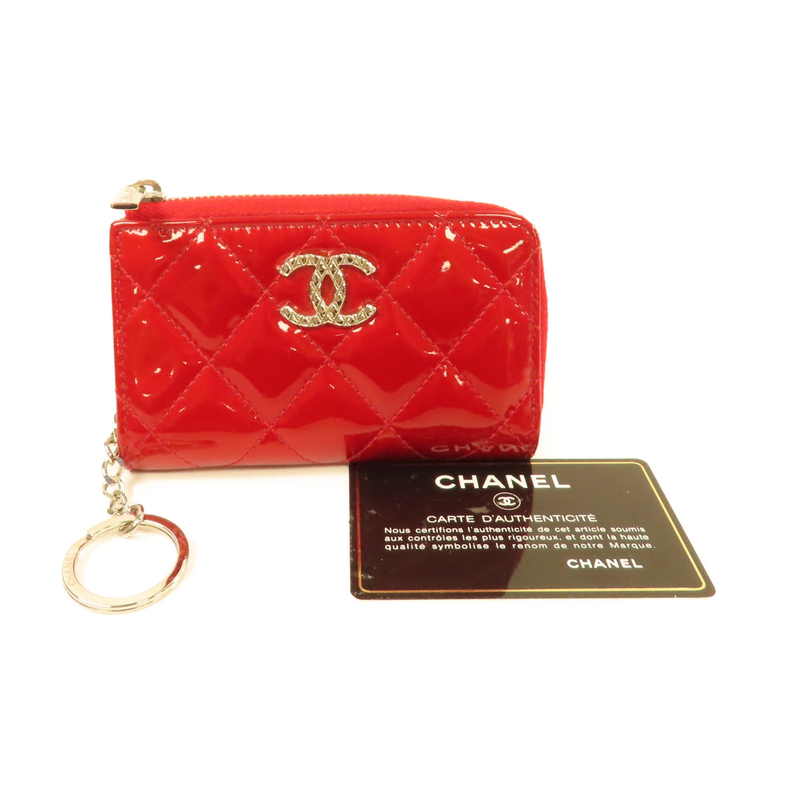 CHANEL 【激減優惠】菱格漆皮皮革Coin Case銀扣零錢包紅色