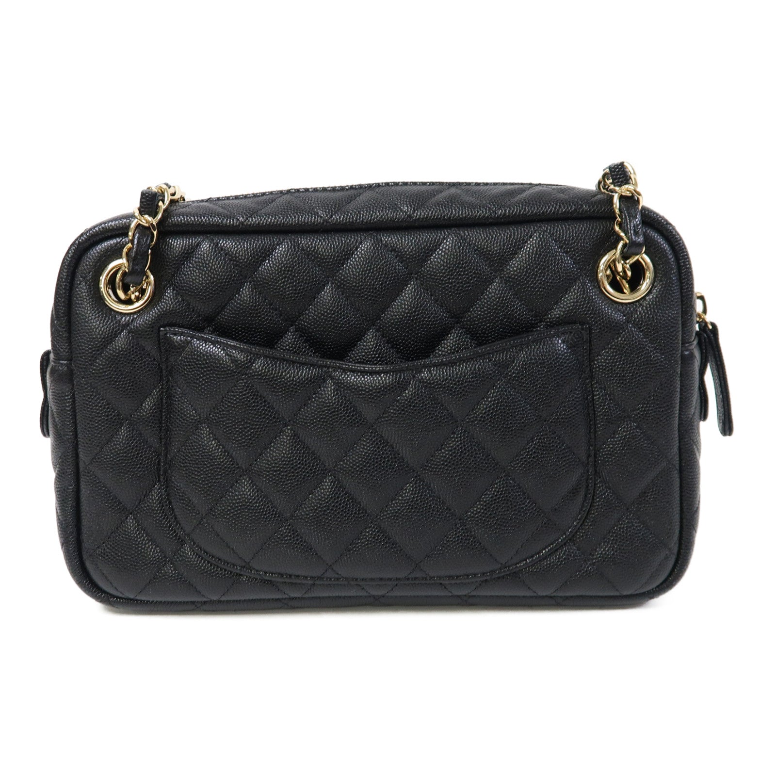 CHANEL 菱格Caviar皮革Chain Shoulder金扣鏈帶肩背袋黑色