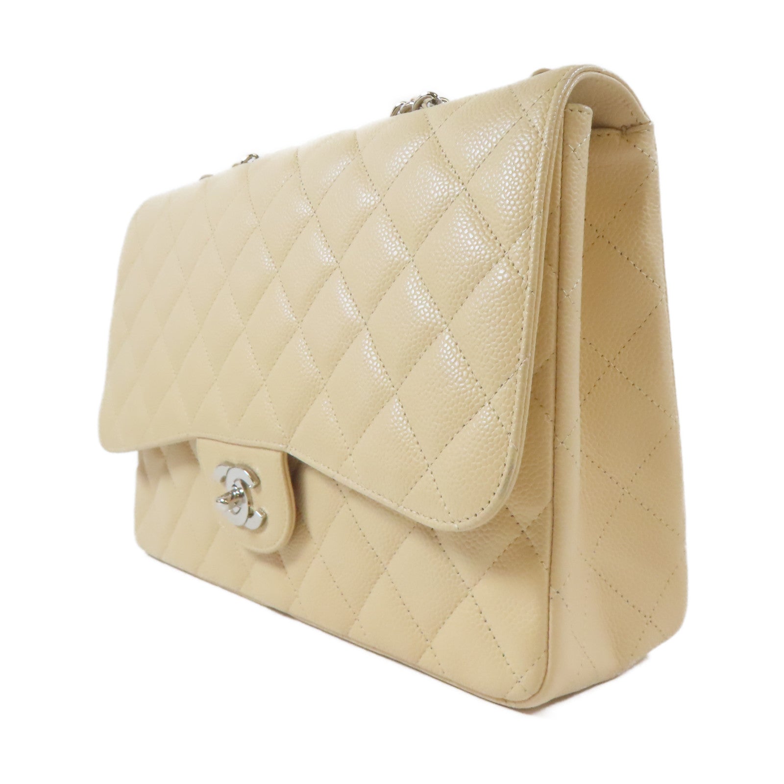 CHANEL 菱格Caviar皮革Jumbo Chain Shoulder Bag銀扣鏈帶肩背袋米色