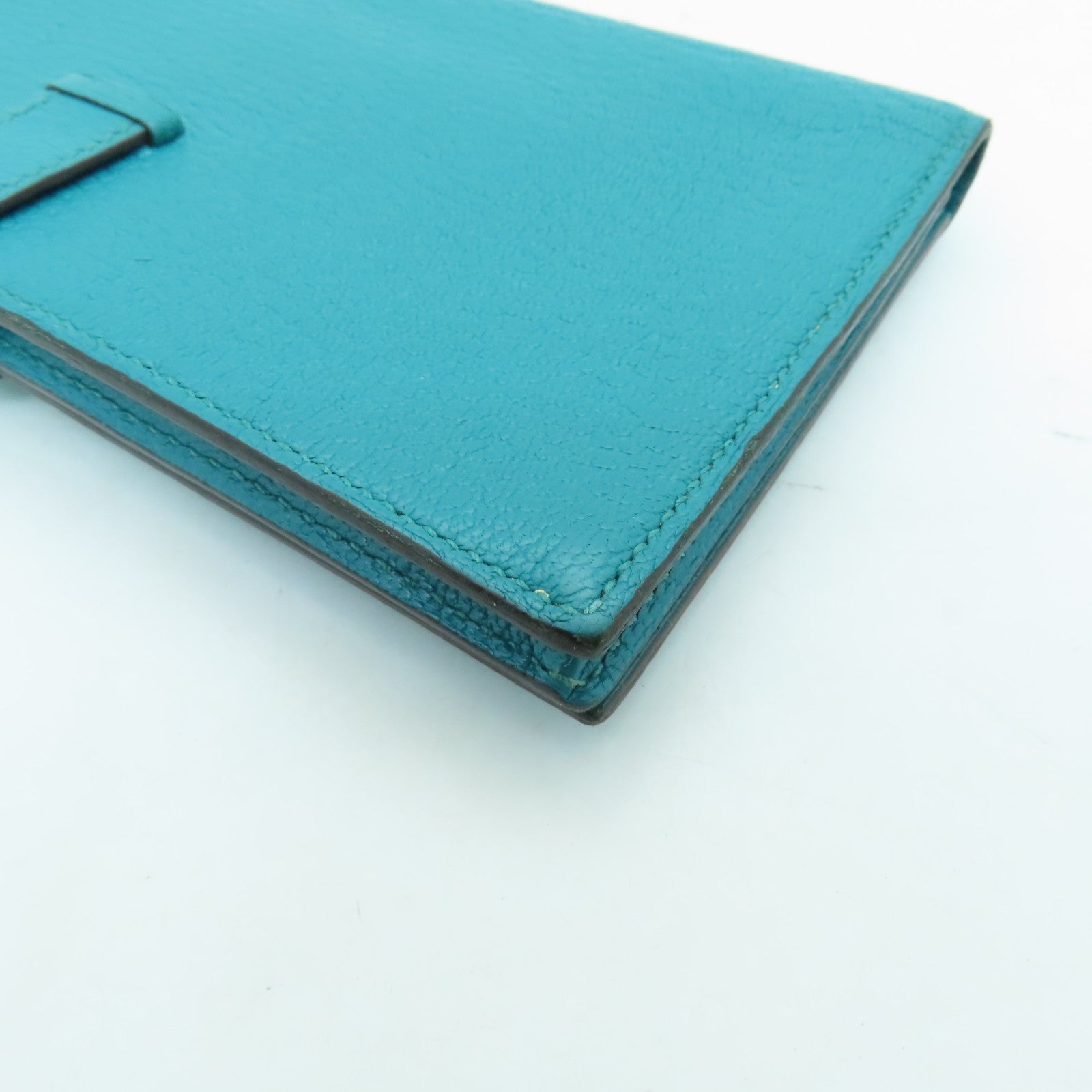 HERMES Chevre Leather Bearn W Snap Silver Buckle Long Wallet Peacock Blue