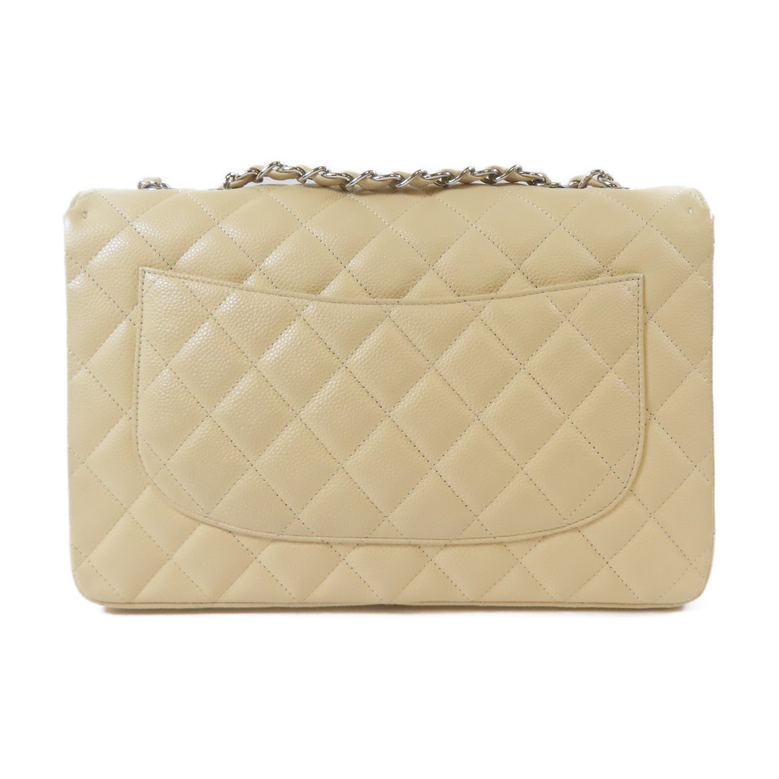 CHANEL 菱格Caviar皮革Jumbo Chain Shoulder Bag銀扣鏈帶肩背袋米色