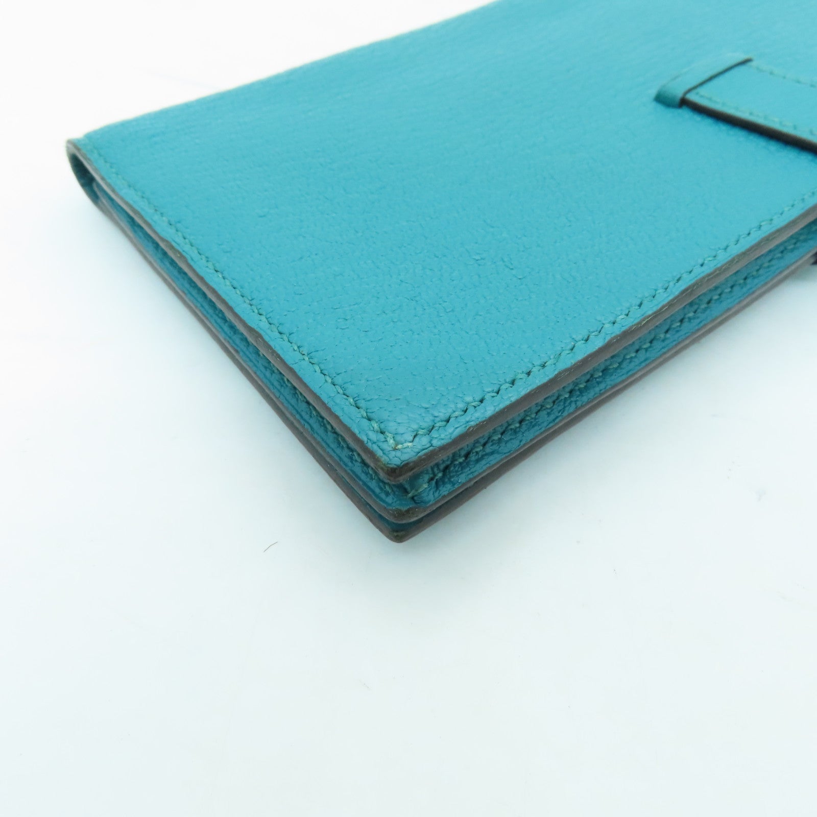 HERMES Chevre Leather Bearn W Snap Silver Buckle Long Wallet Peacock Blue