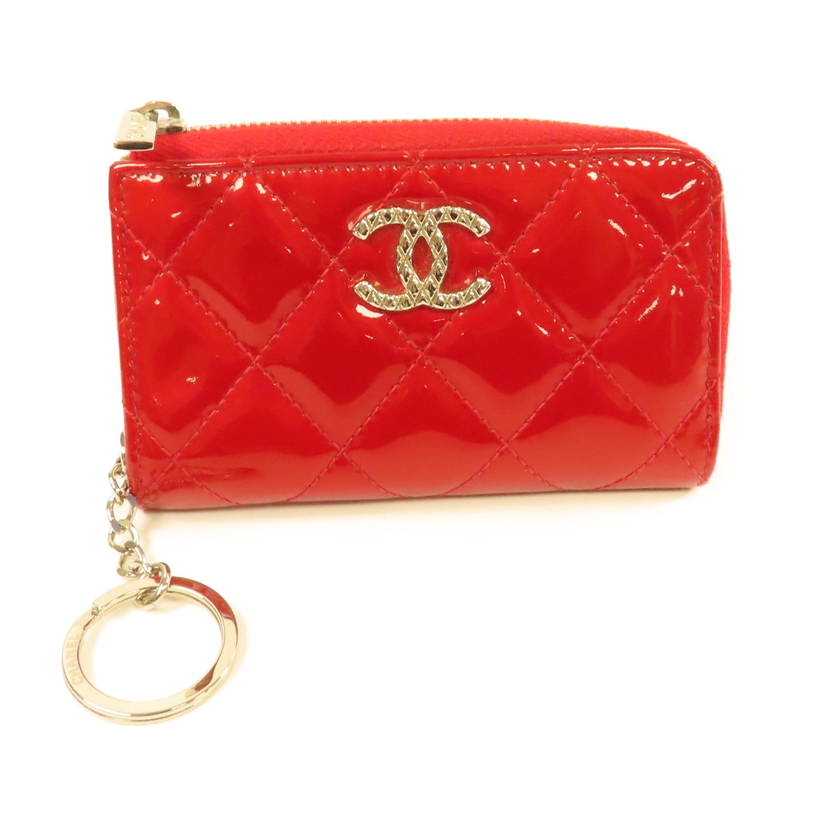 CHANEL 【激減優惠】菱格漆皮皮革Coin Case銀扣零錢包紅色