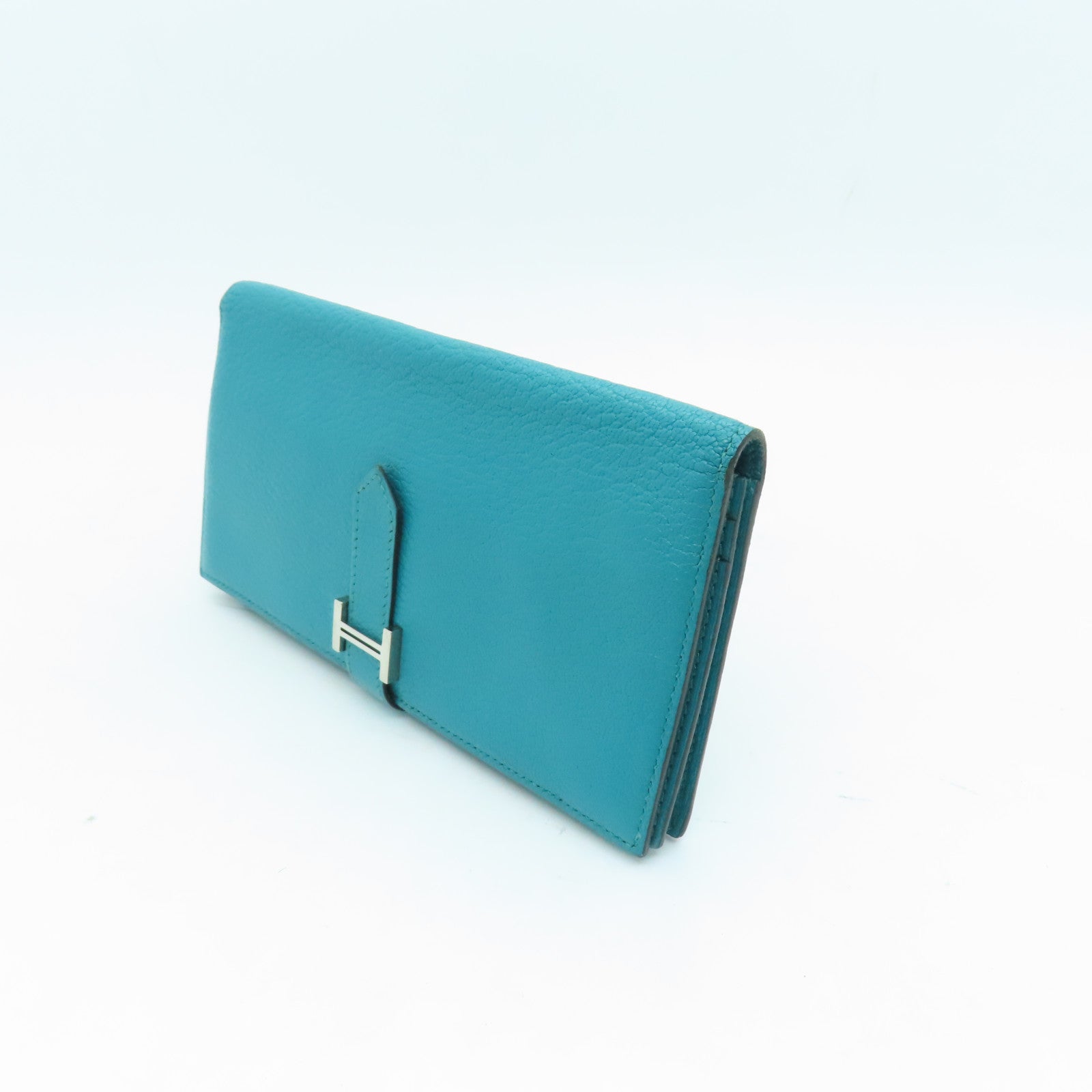 HERMES Chevre Leather Bearn W Snap Silver Buckle Long Wallet Peacock Blue