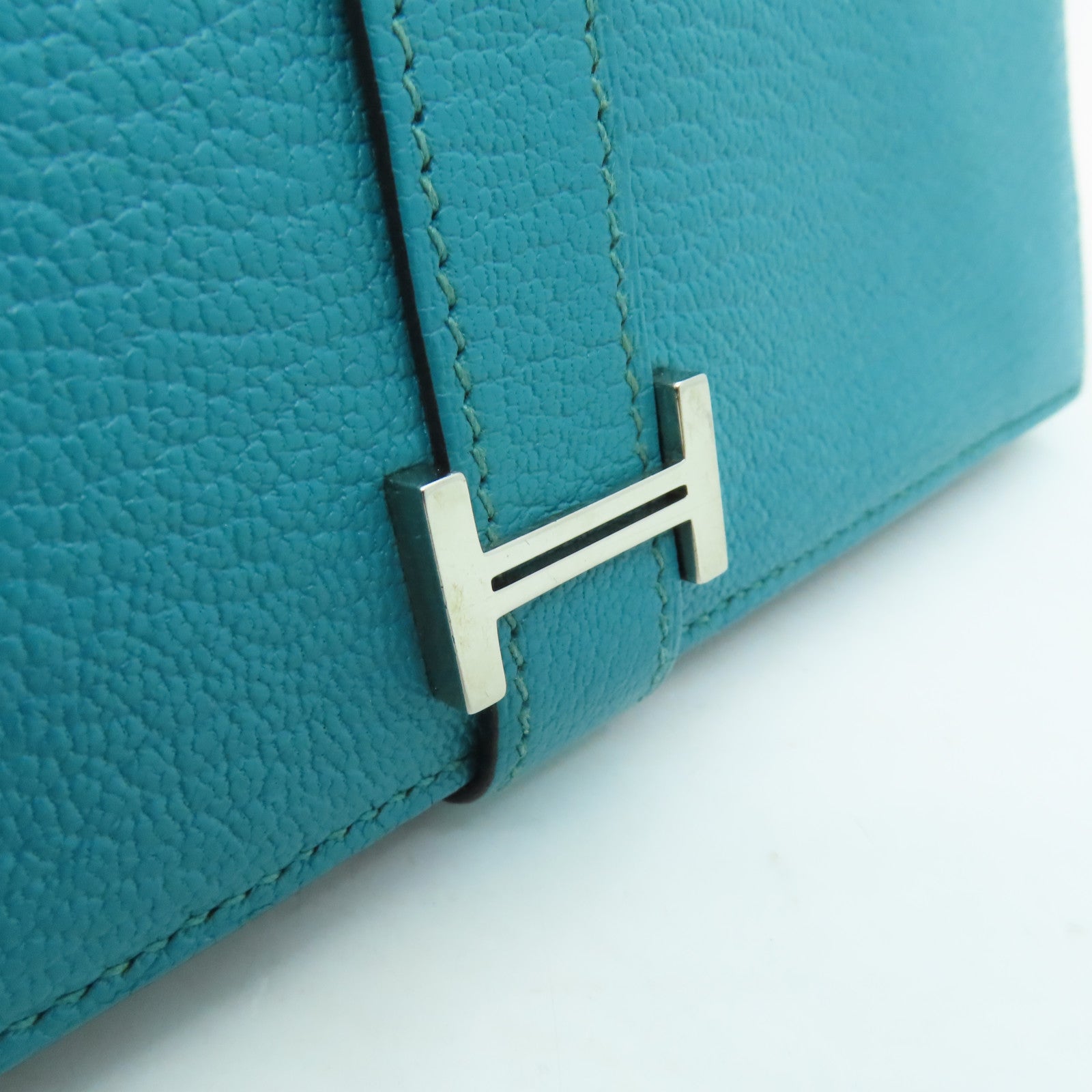 HERMES Chevre Leather Bearn W Snap Silver Buckle Long Wallet Peacock Blue