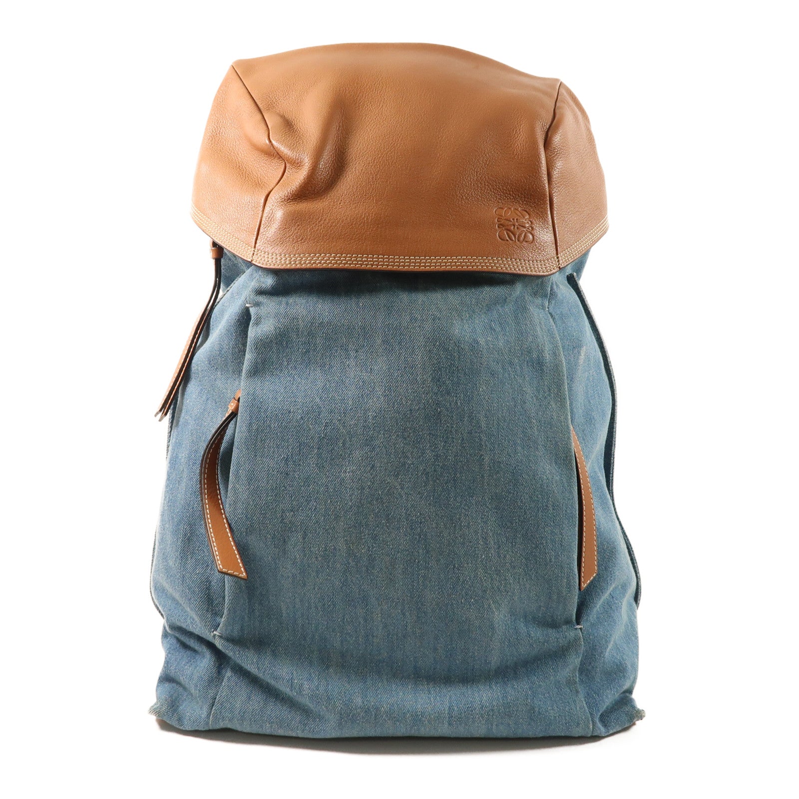 LOEWE 牛仔布/牛皮皮革Rucksack銀扣背包