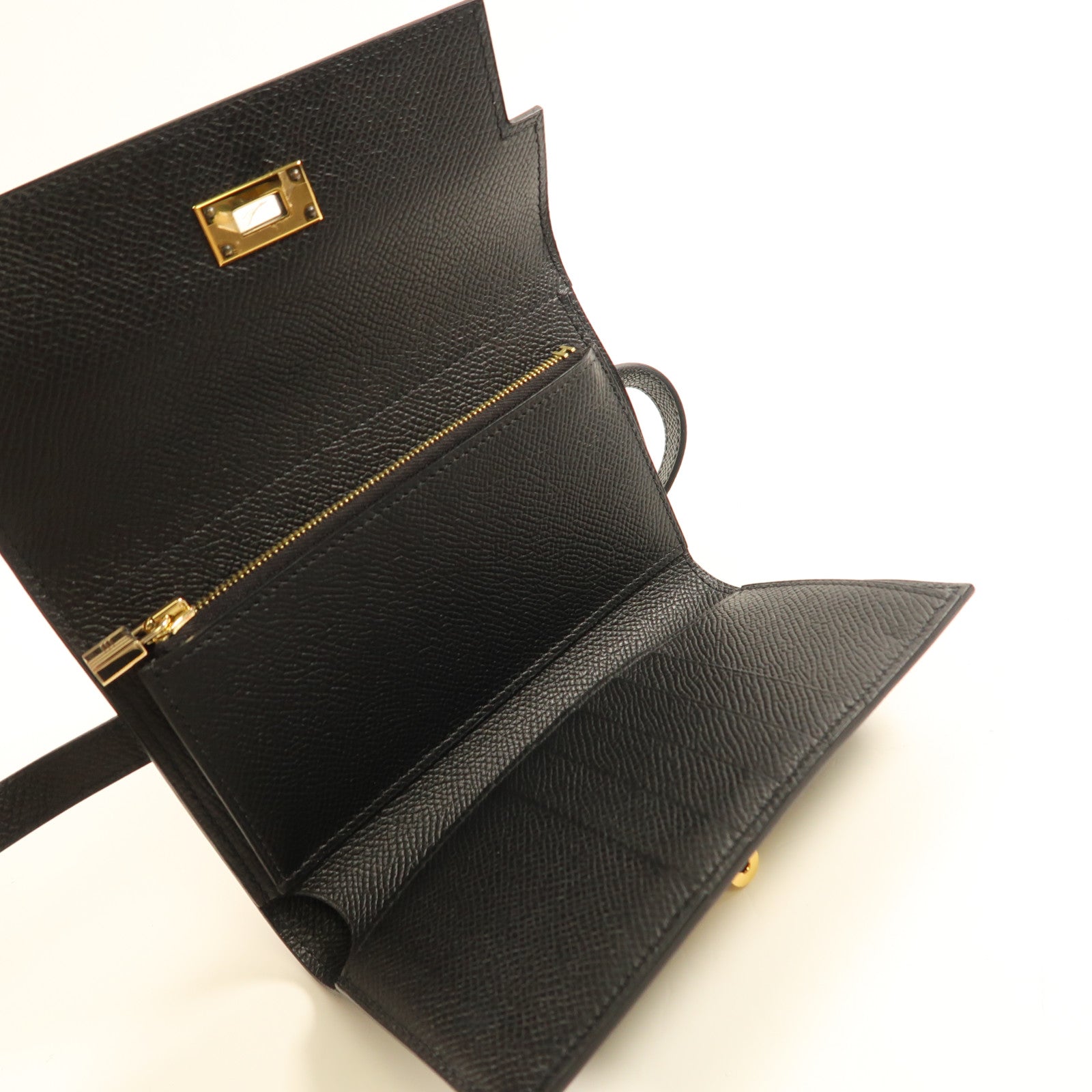 HERMES Epsom皮革Kelly Wallet Compact金扣長錢包Noir