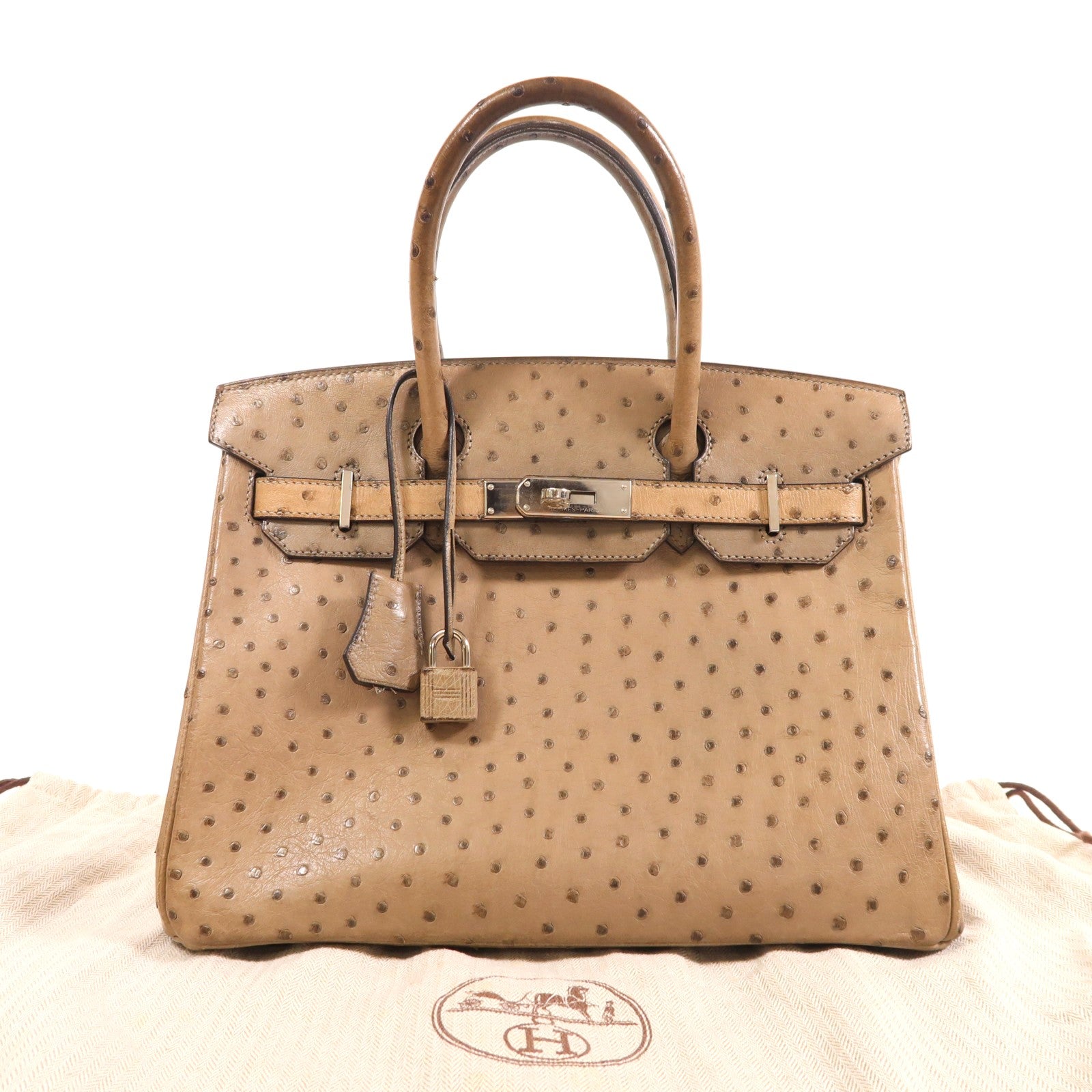 HERMES 鴕鳥皮革Birkin 30銀扣手挽袋灰色