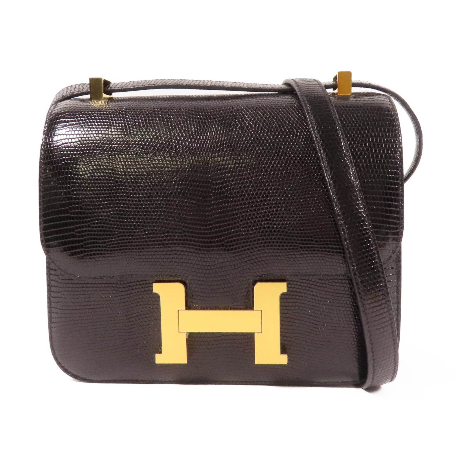 HERMES 蜥蝪皮革Constance 24金扣肩背袋Noir黑色