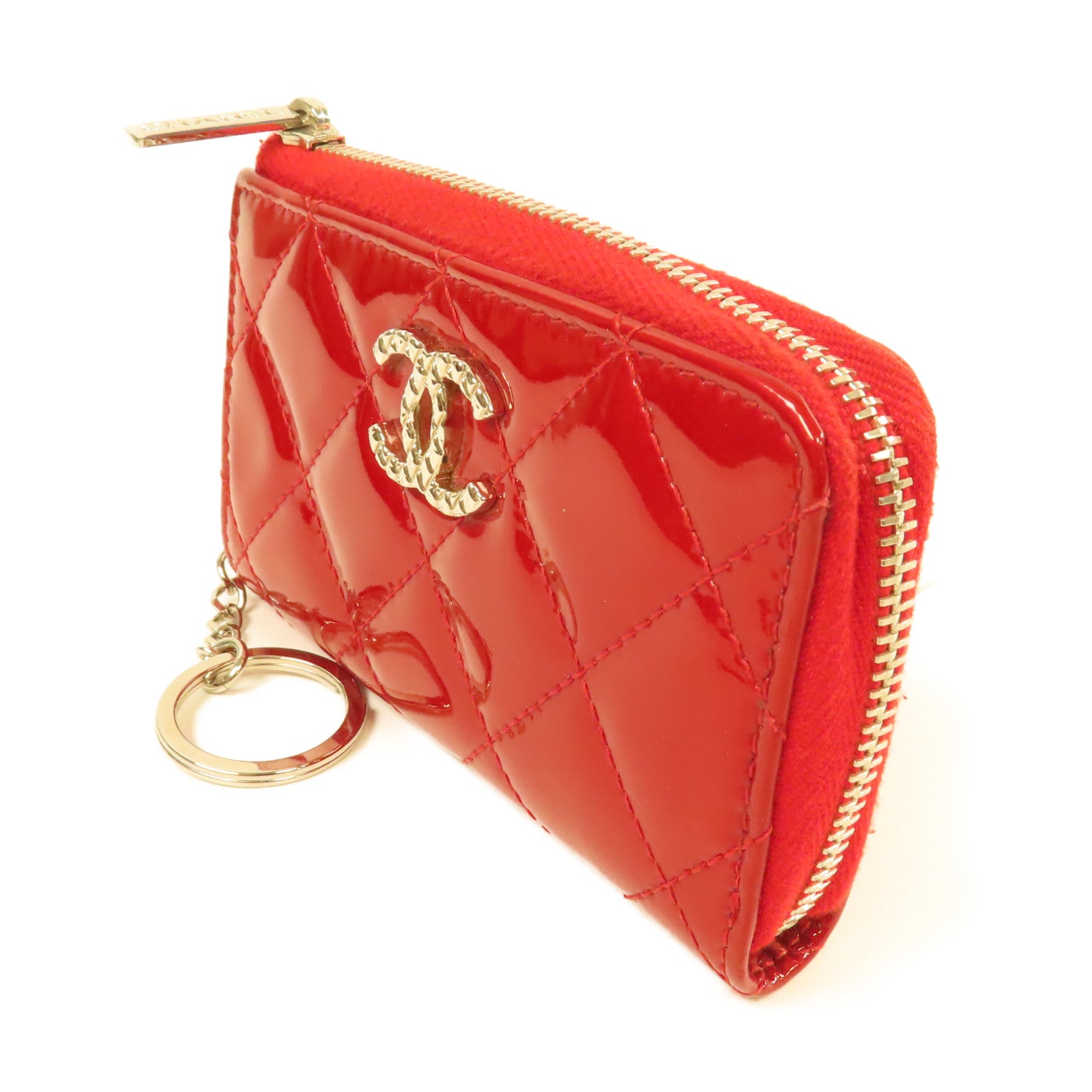CHANEL 【激減優惠】菱格漆皮皮革Coin Case銀扣零錢包紅色