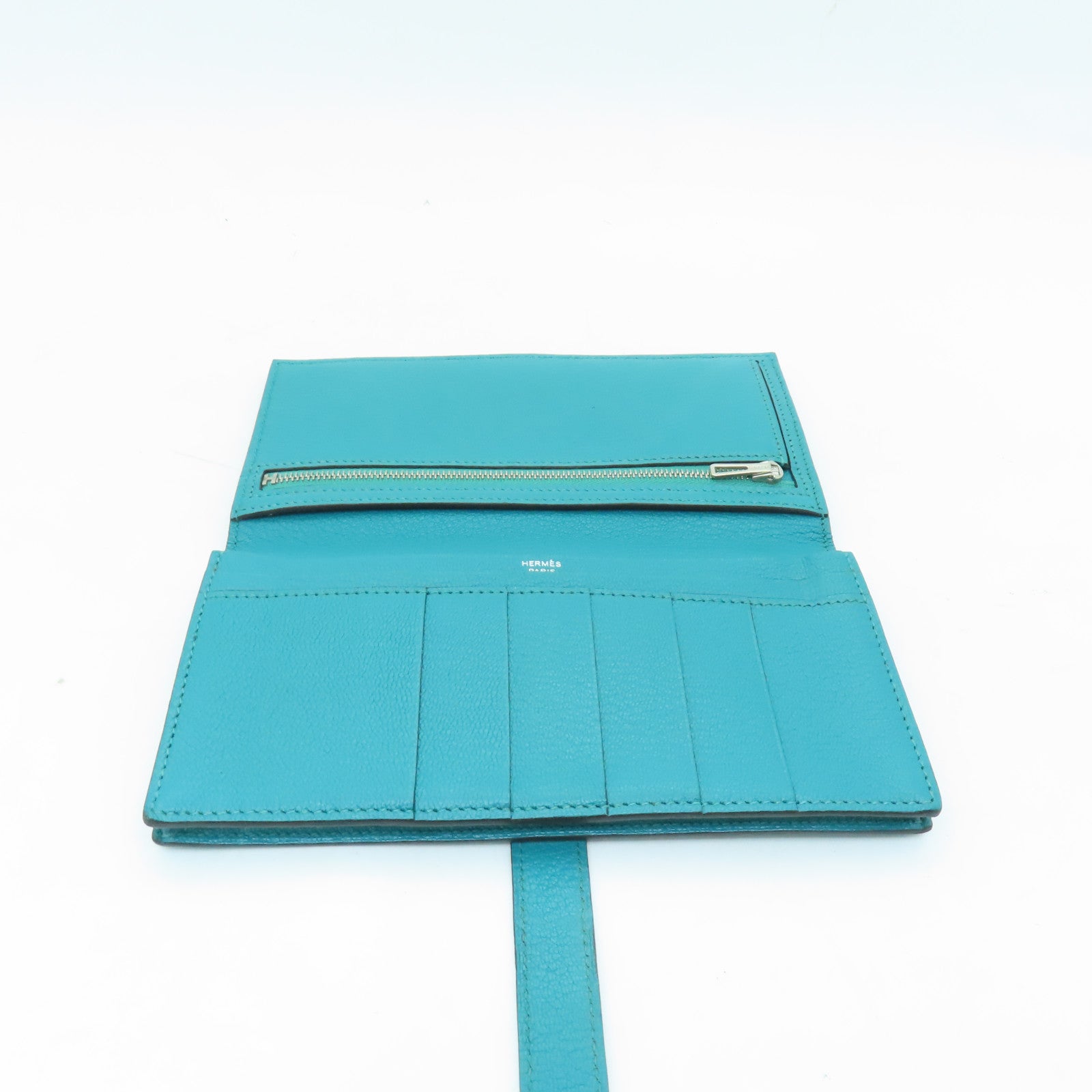 HERMES Chevre Leather Bearn W Snap Silver Buckle Long Wallet Peacock Blue