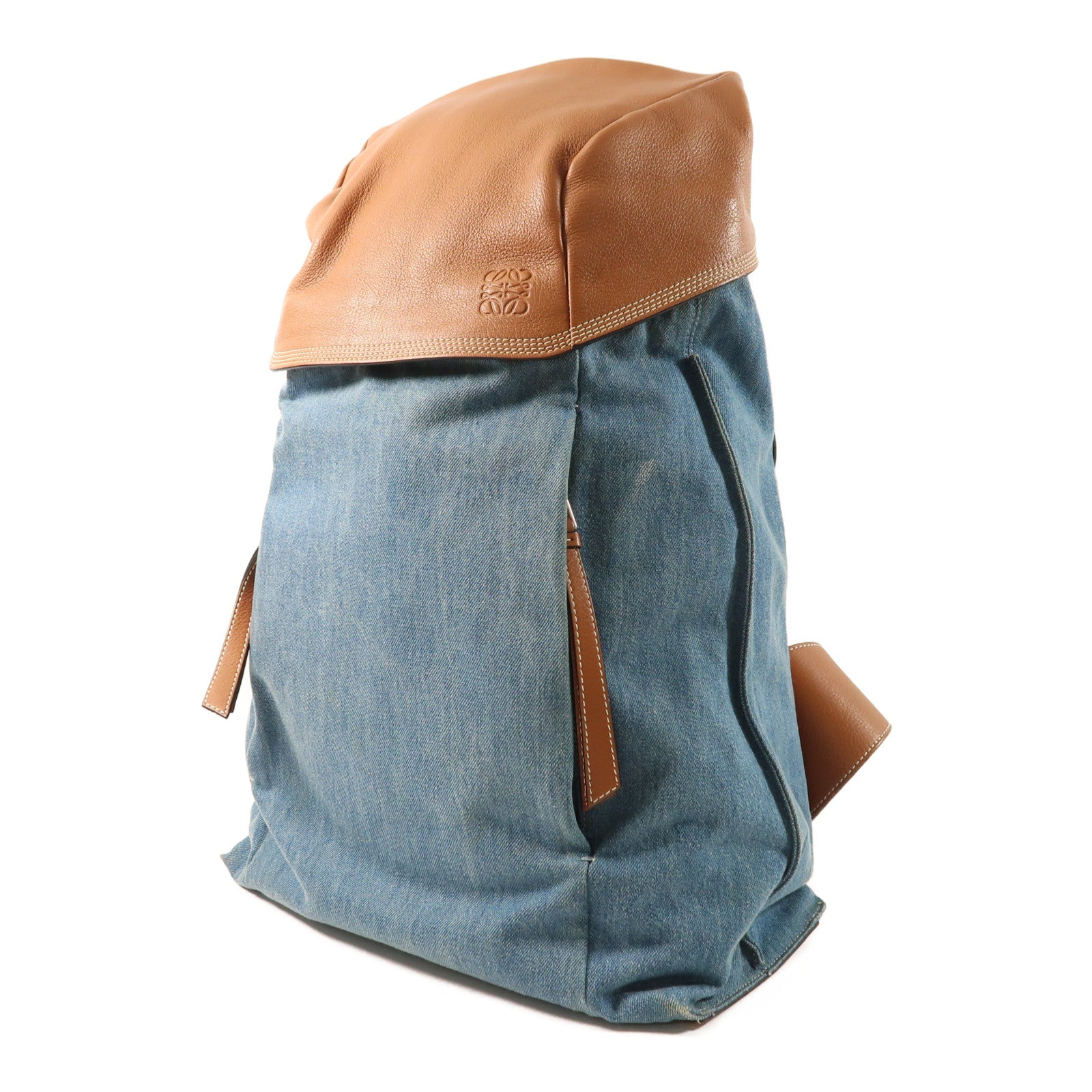 LOEWE 牛仔布/牛皮皮革Rucksack銀扣背包