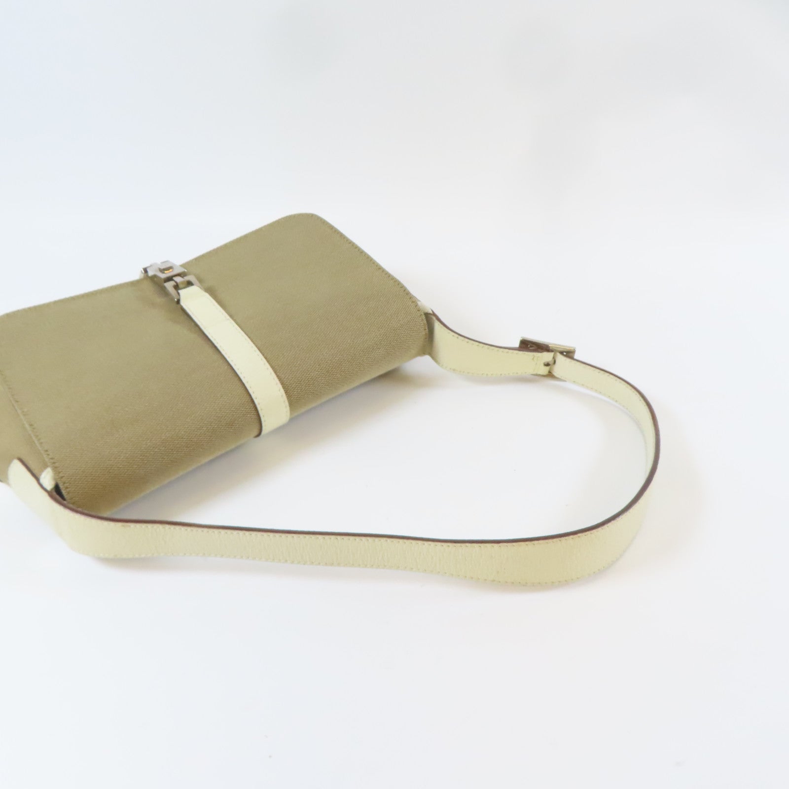 GUCCI 【激減優惠】帆布/皮革Jackie Handbag銀扣手挽袋啡色/白色