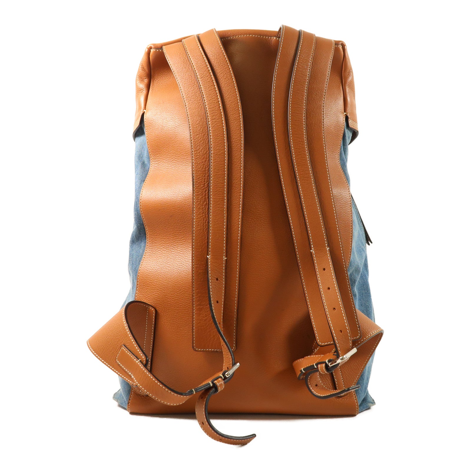 LOEWE 牛仔布/牛皮皮革Rucksack銀扣背包