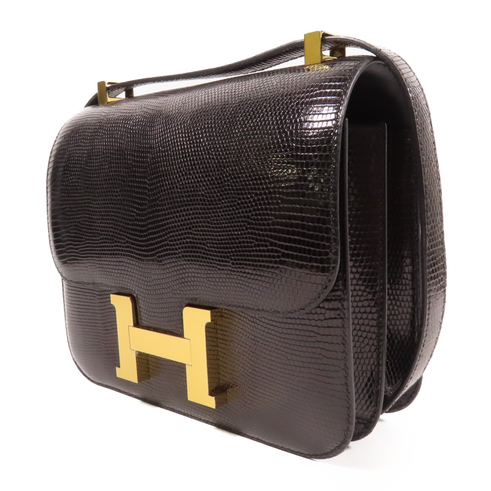HERMES 蜥蝪皮革Constance 24金扣肩背袋Noir黑色