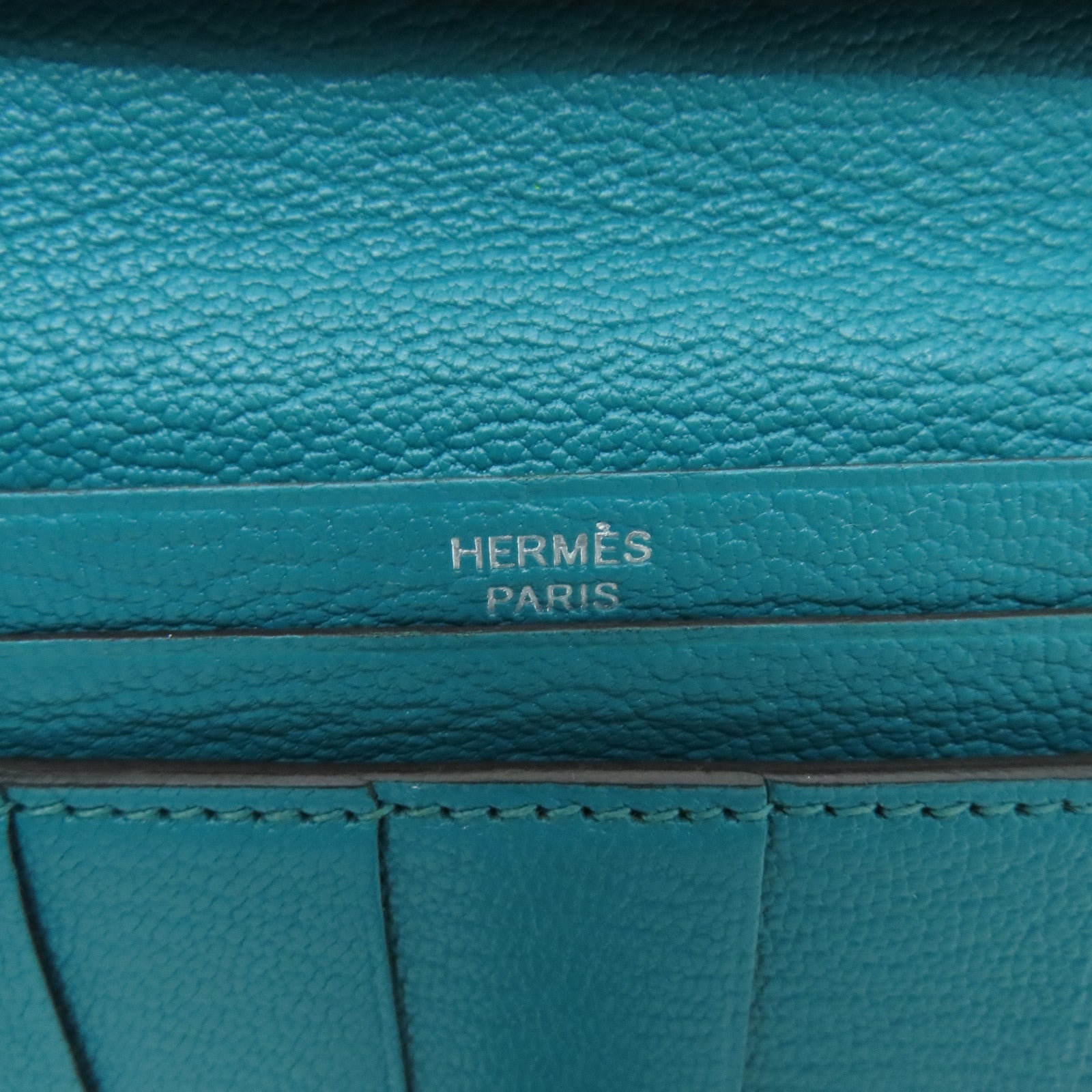 HERMES Chevre Leather Bearn W Snap Silver Buckle Long Wallet Peacock Blue