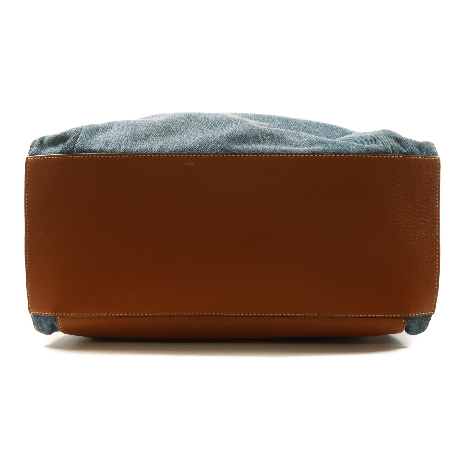 LOEWE 牛仔布/牛皮皮革Rucksack銀扣背包