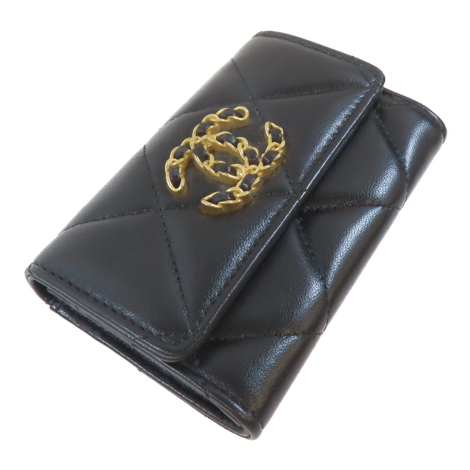 CHANEL 菱格羊皮皮革Card Case金扣卡片套黑色