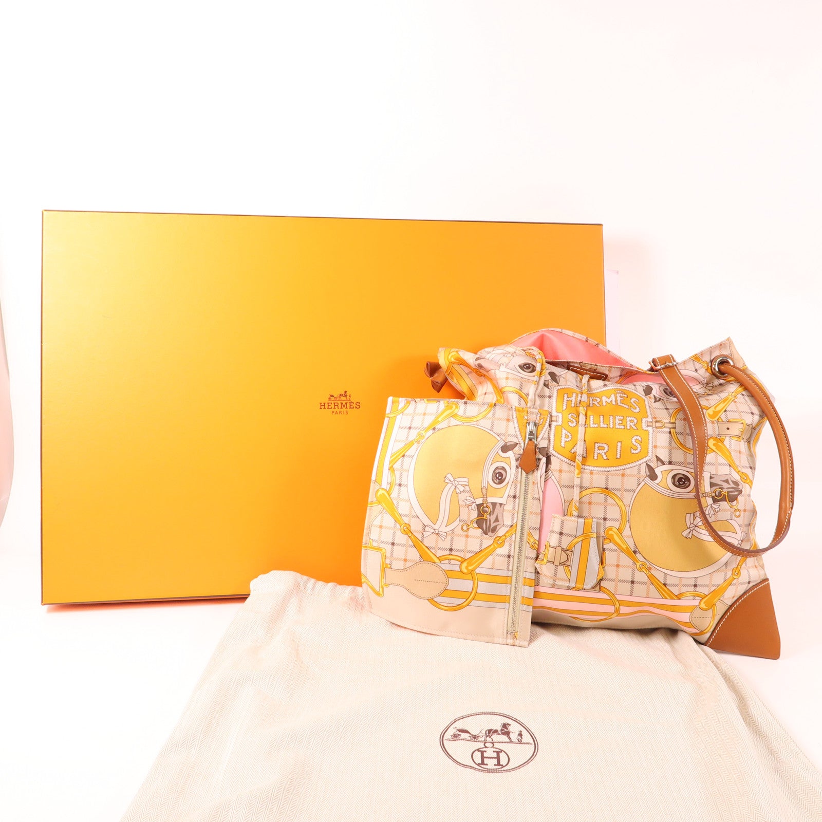 HERMES 絲質/皮革Silky City 33肩背袋Beige/Gold