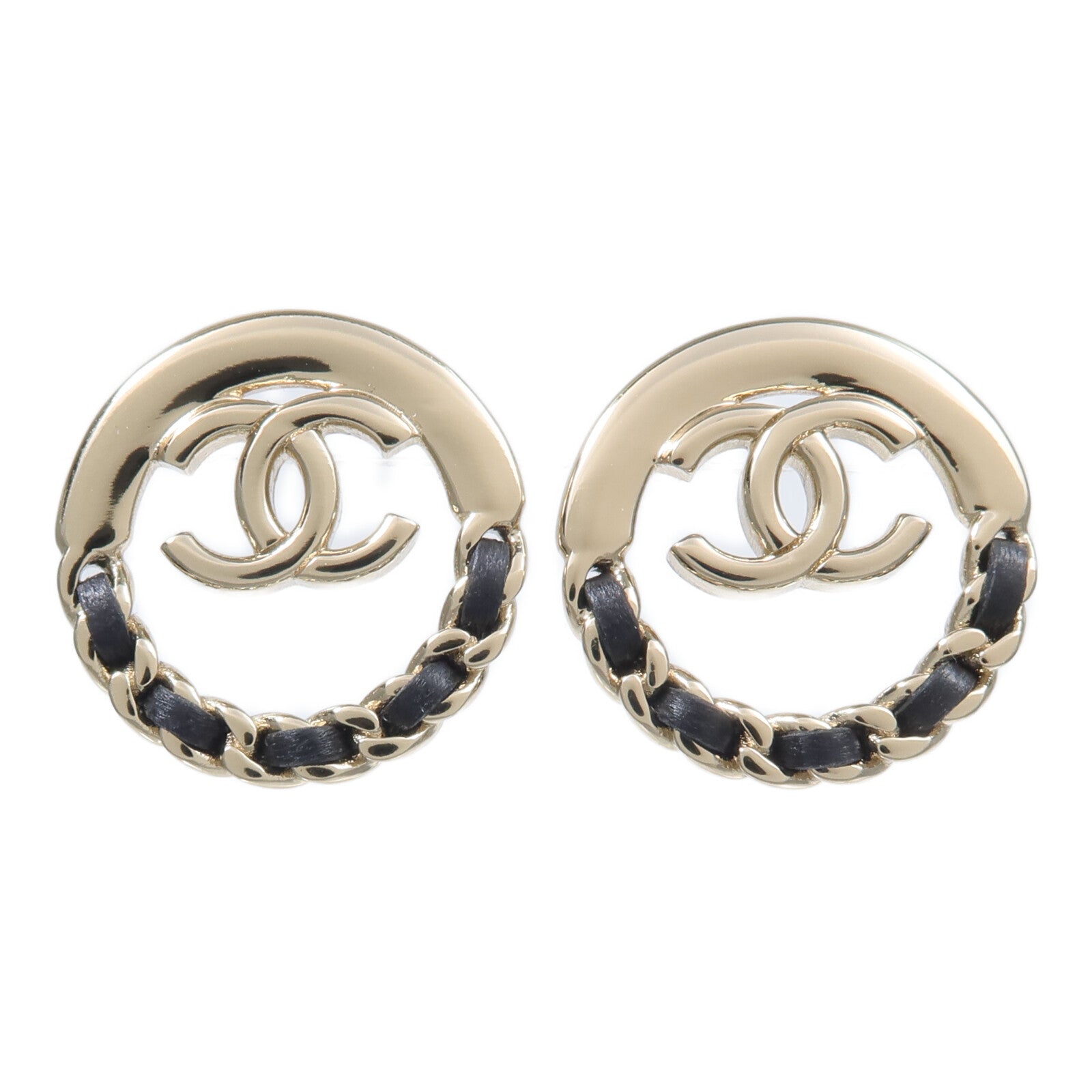 CHANEL 金屬/羊皮皮革Leather-Woven Chain CC Circle Earrings耳環