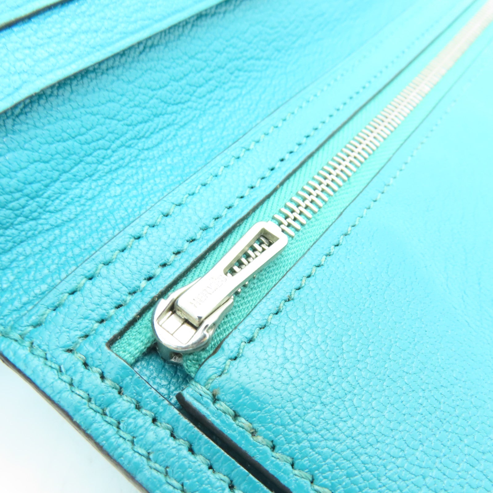 HERMES Chevre Leather Bearn W Snap Silver Buckle Long Wallet Peacock Blue