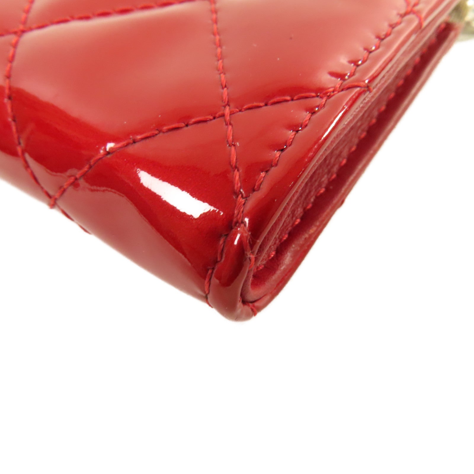 CHANEL 【激減優惠】菱格漆皮皮革Coin Case銀扣零錢包紅色