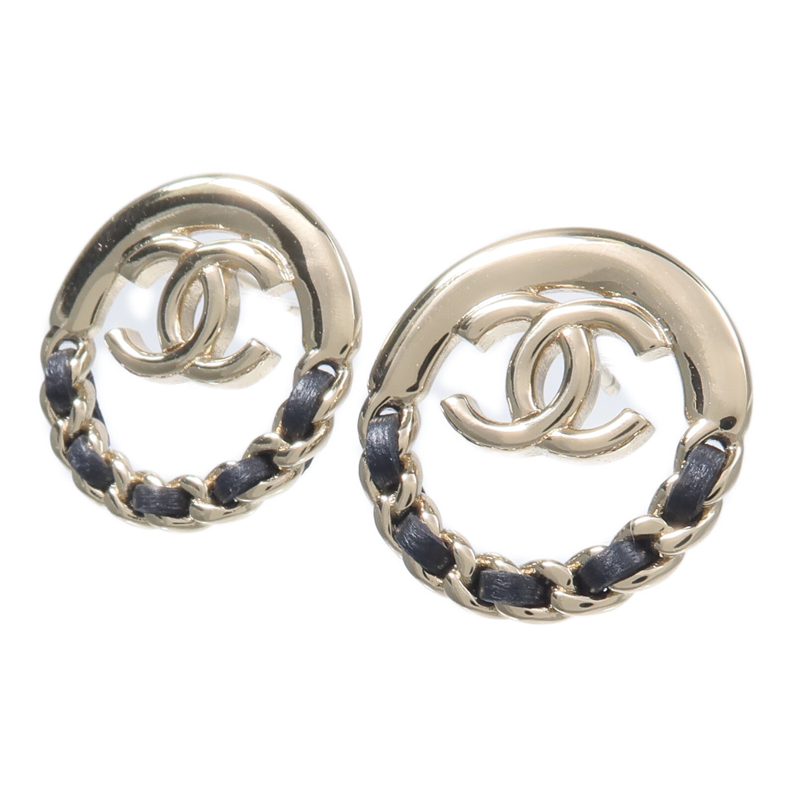CHANEL 金屬/羊皮皮革Leather-Woven Chain CC Circle Earrings耳環