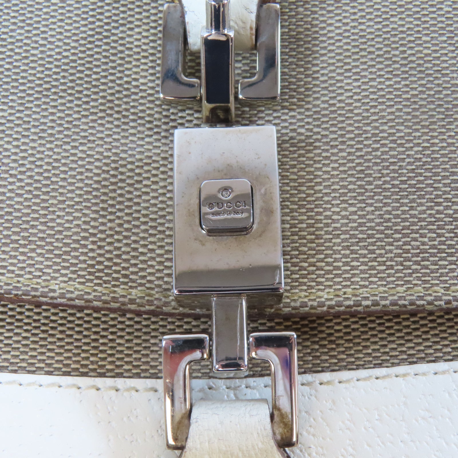GUCCI 【激減優惠】帆布/皮革Jackie Handbag銀扣手挽袋啡色/白色