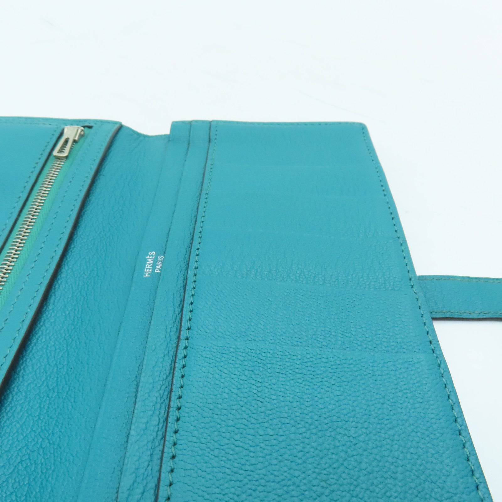 HERMES Chevre Leather Bearn W Snap Silver Buckle Long Wallet Peacock Blue