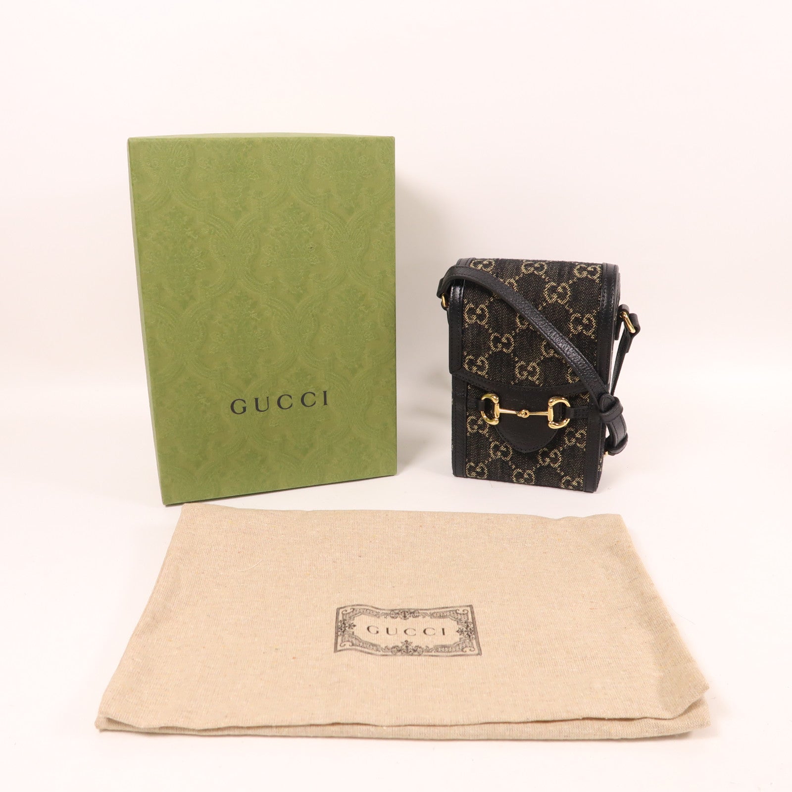 GUCCI 帆布Horsebit 1955 Mini金扣肩背袋