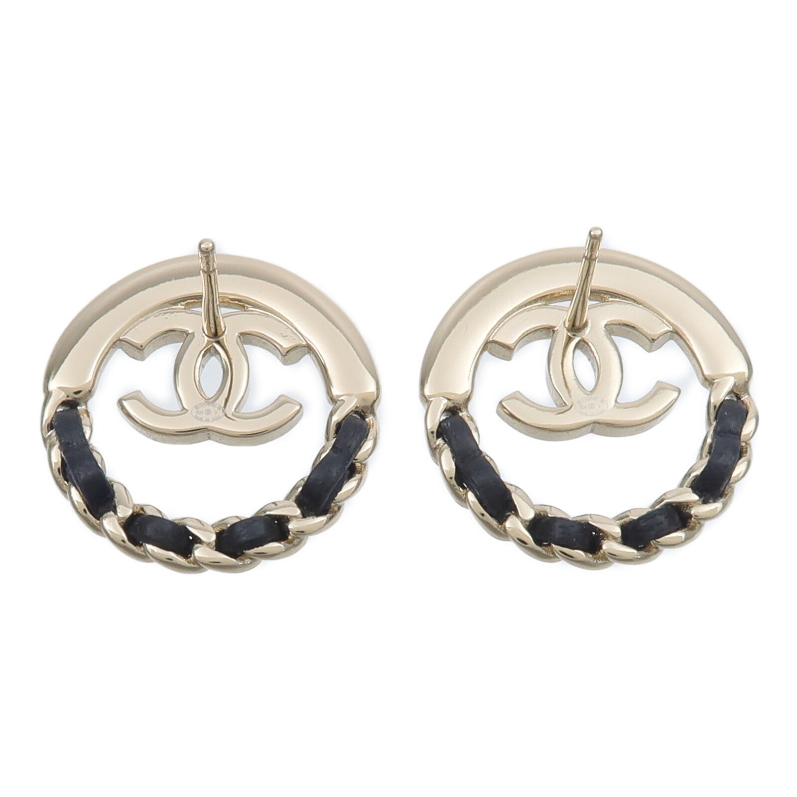 CHANEL 金屬/羊皮皮革Leather-Woven Chain CC Circle Earrings耳環