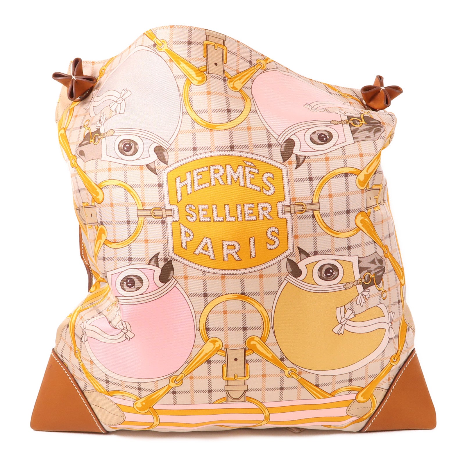 HERMES 絲質/皮革Silky City 33肩背袋Beige/Gold
