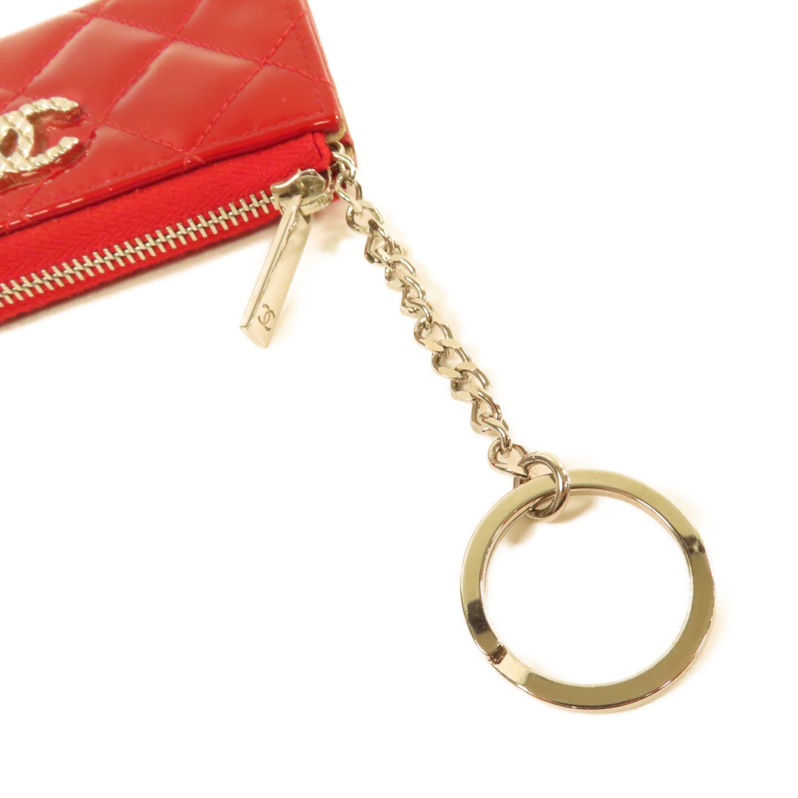 CHANEL 【激減優惠】菱格漆皮皮革Coin Case銀扣零錢包紅色