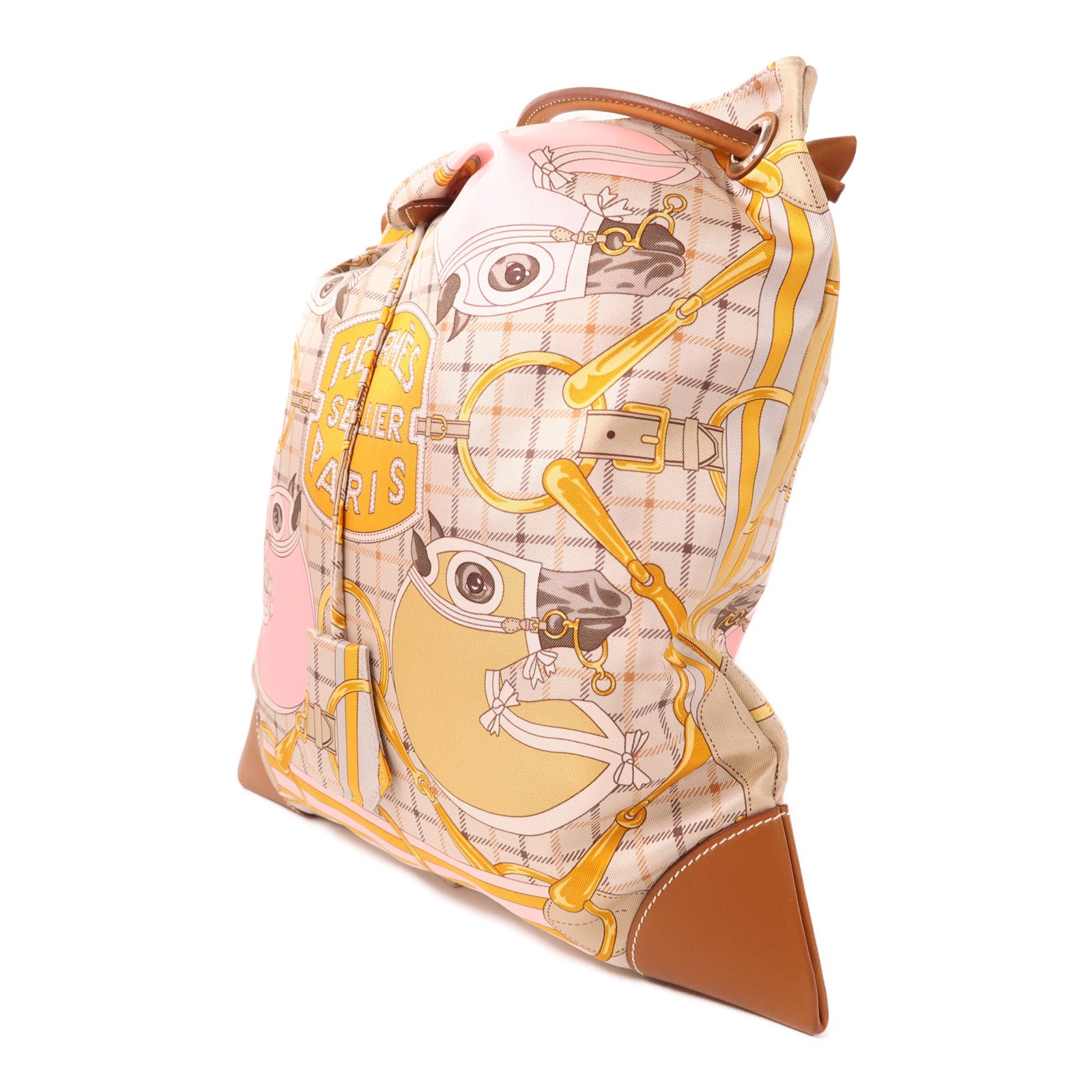 HERMES 絲質/皮革Silky City 33肩背袋Beige/Gold