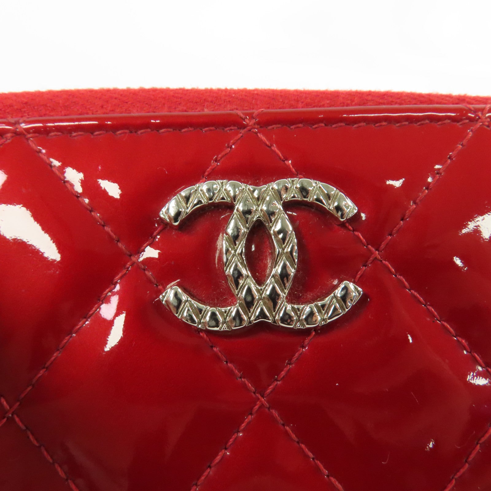 CHANEL 【激減優惠】菱格漆皮皮革Coin Case銀扣零錢包紅色