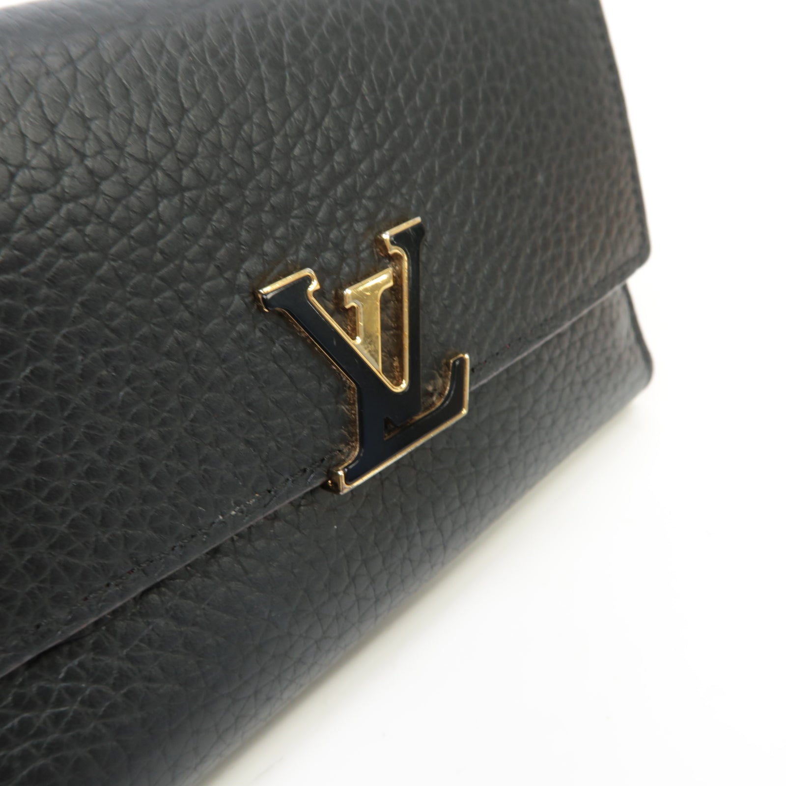 LOUIS VUITTON 【激減優惠】牛皮皮革Capucines Compact Wallet金扣錢包黒色