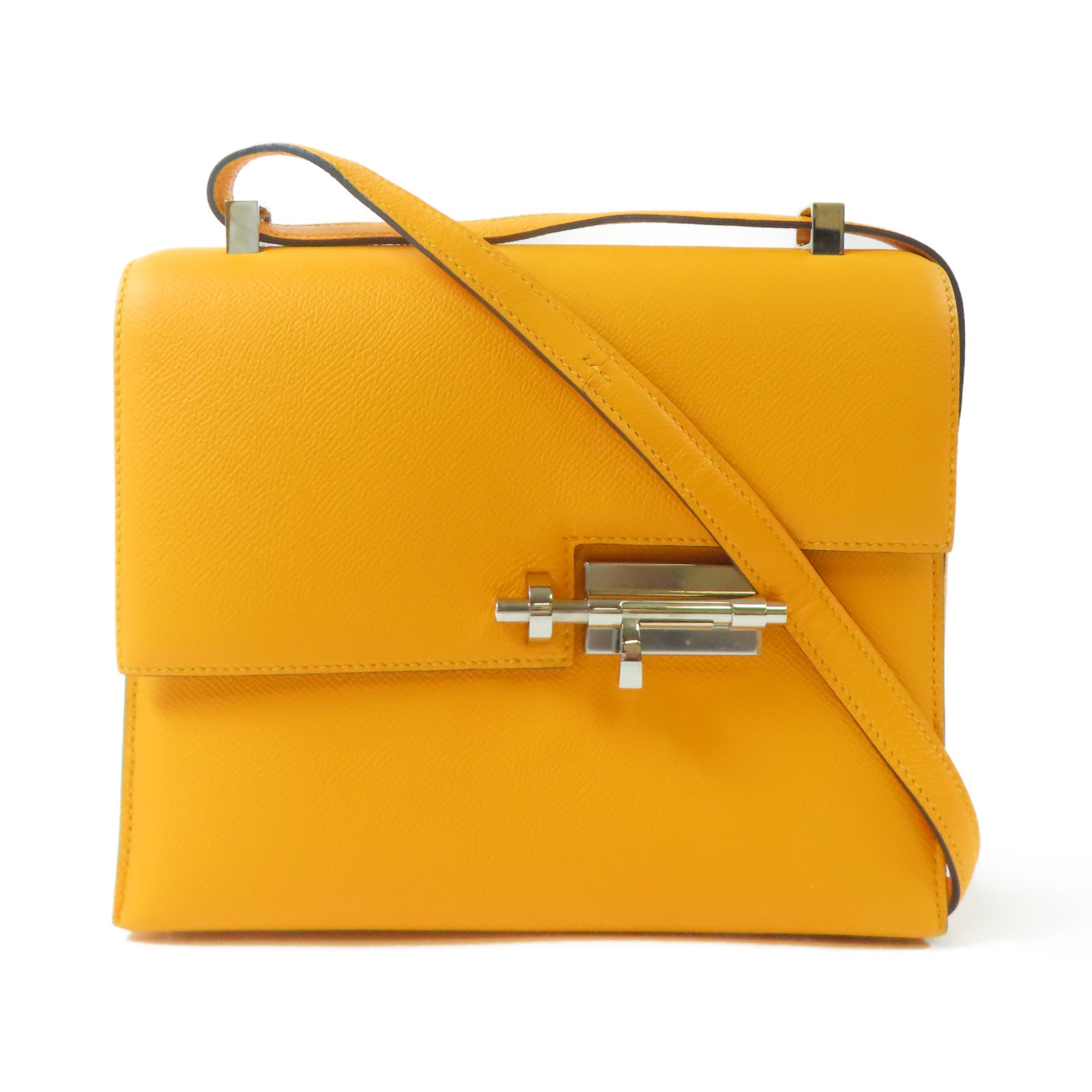 HERMES Epsom皮革Verrou 23銀扣肩背袋Jaune D'or/橙色