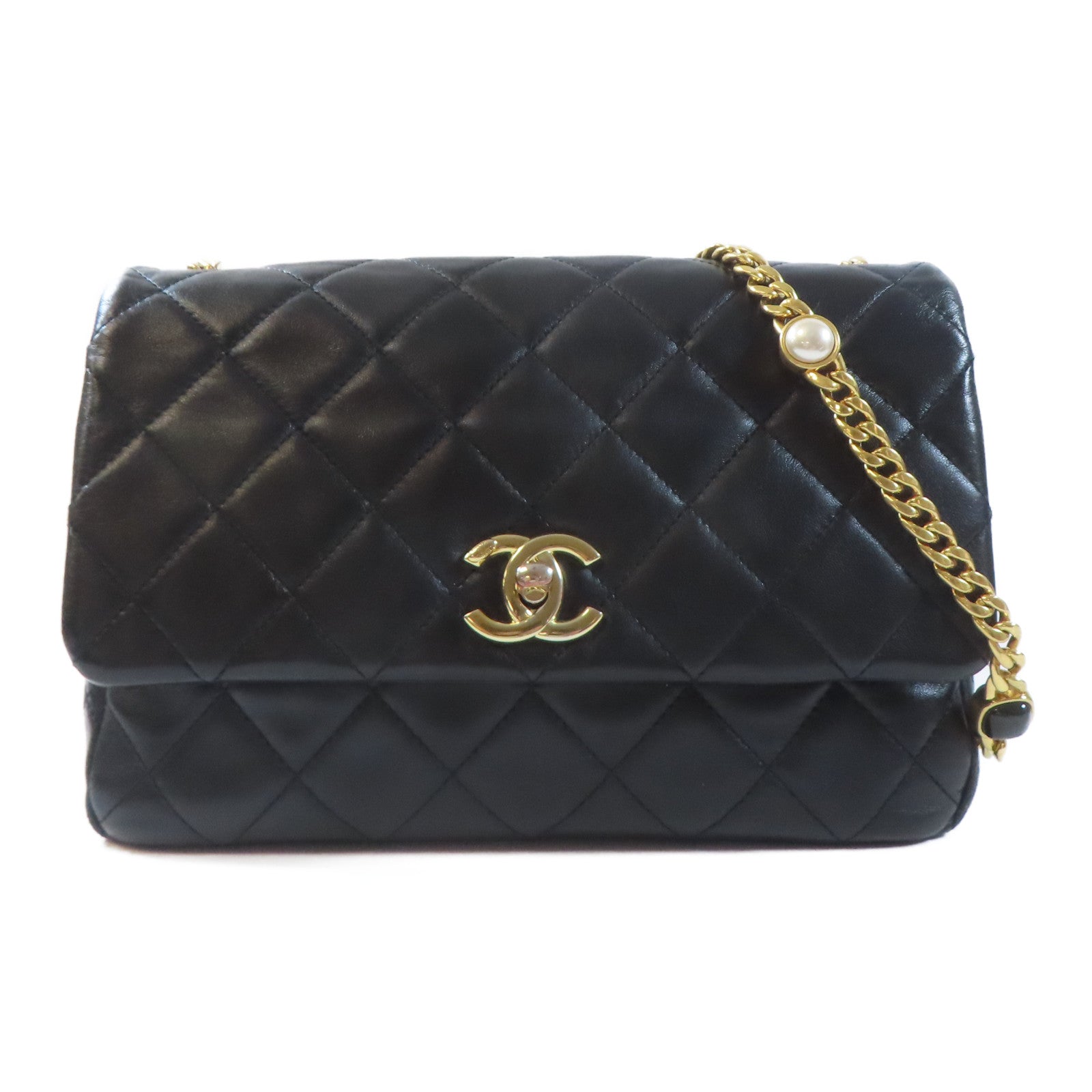 CHANEL 菱格羊皮皮革Chain Shoulder金扣鏈帶肩背袋黑色