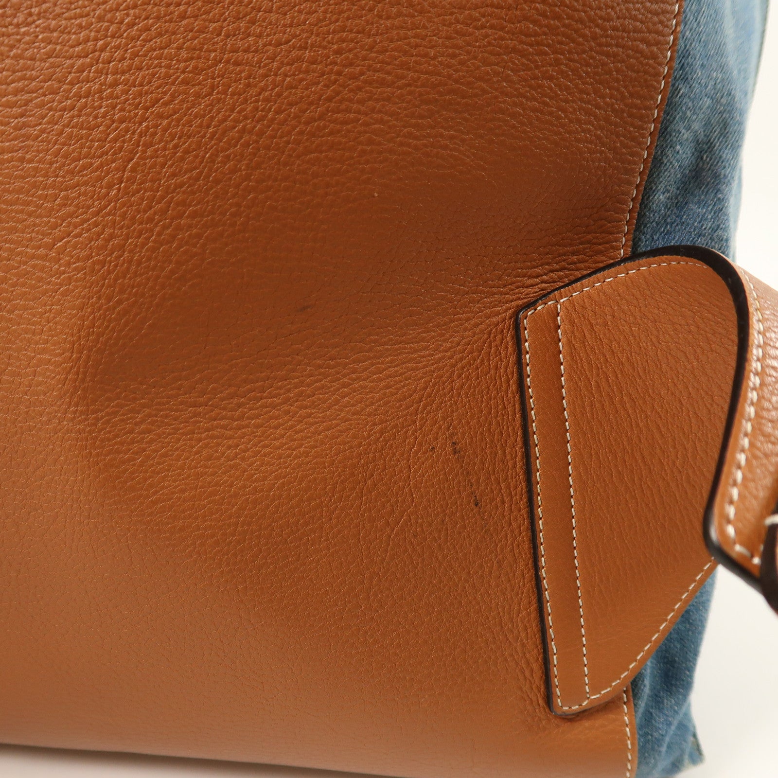 LOEWE 牛仔布/牛皮皮革Rucksack銀扣背包