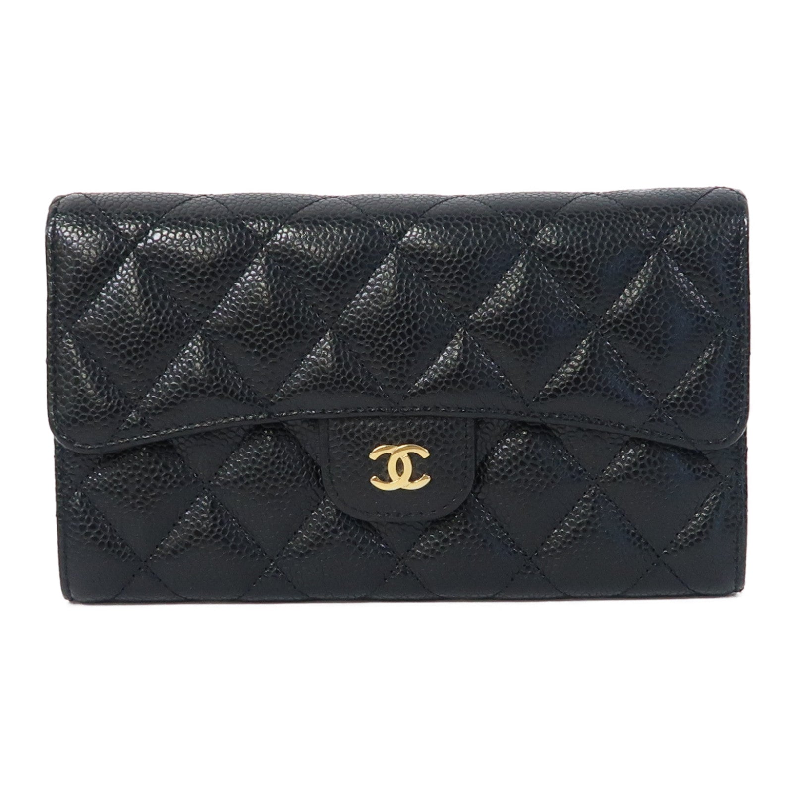 CHANEL 菱格Caviar皮革Long Wallet金扣長錢包黑色