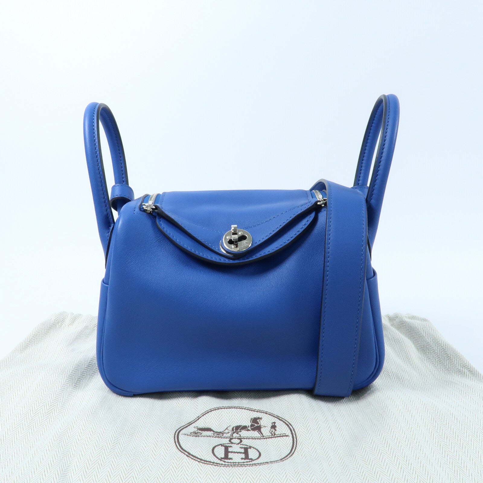HERMES Swift皮革Mini Lindy銀扣手挽肩背兩用袋Bleu Royal/Bleu Saphir