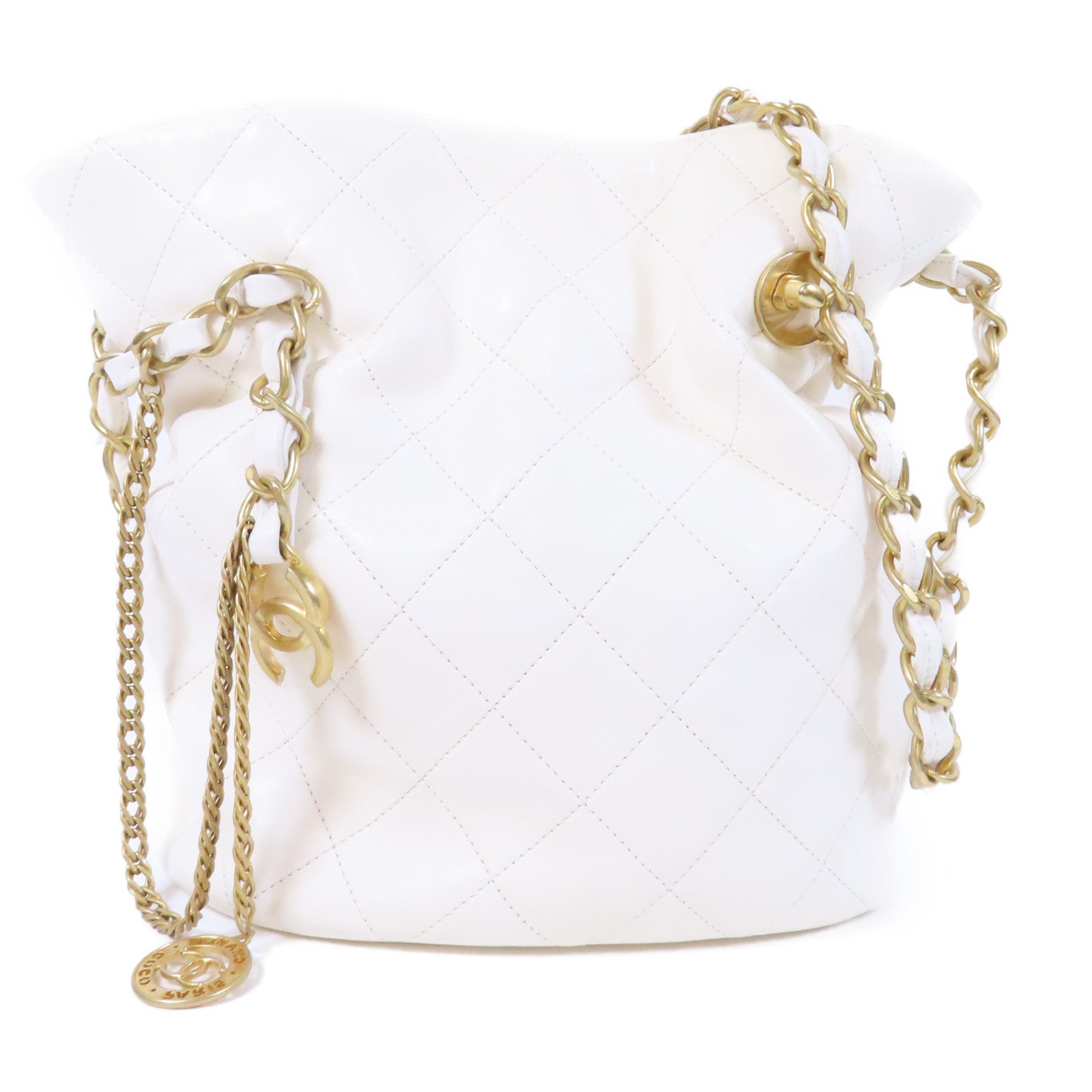 CHANEL 菱格羊皮皮革Chain Shoulder金扣鏈帶肩背袋白色