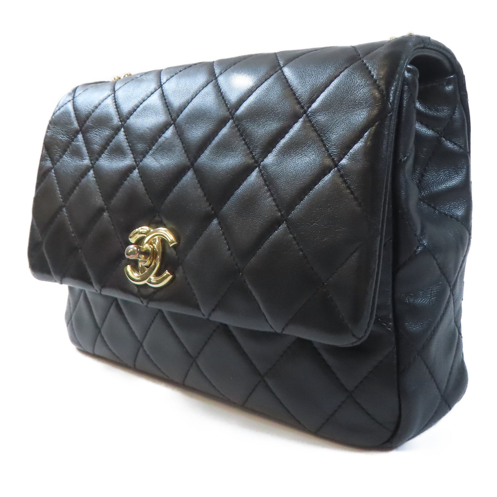 CHANEL 菱格羊皮皮革Chain Shoulder金扣鏈帶肩背袋黑色