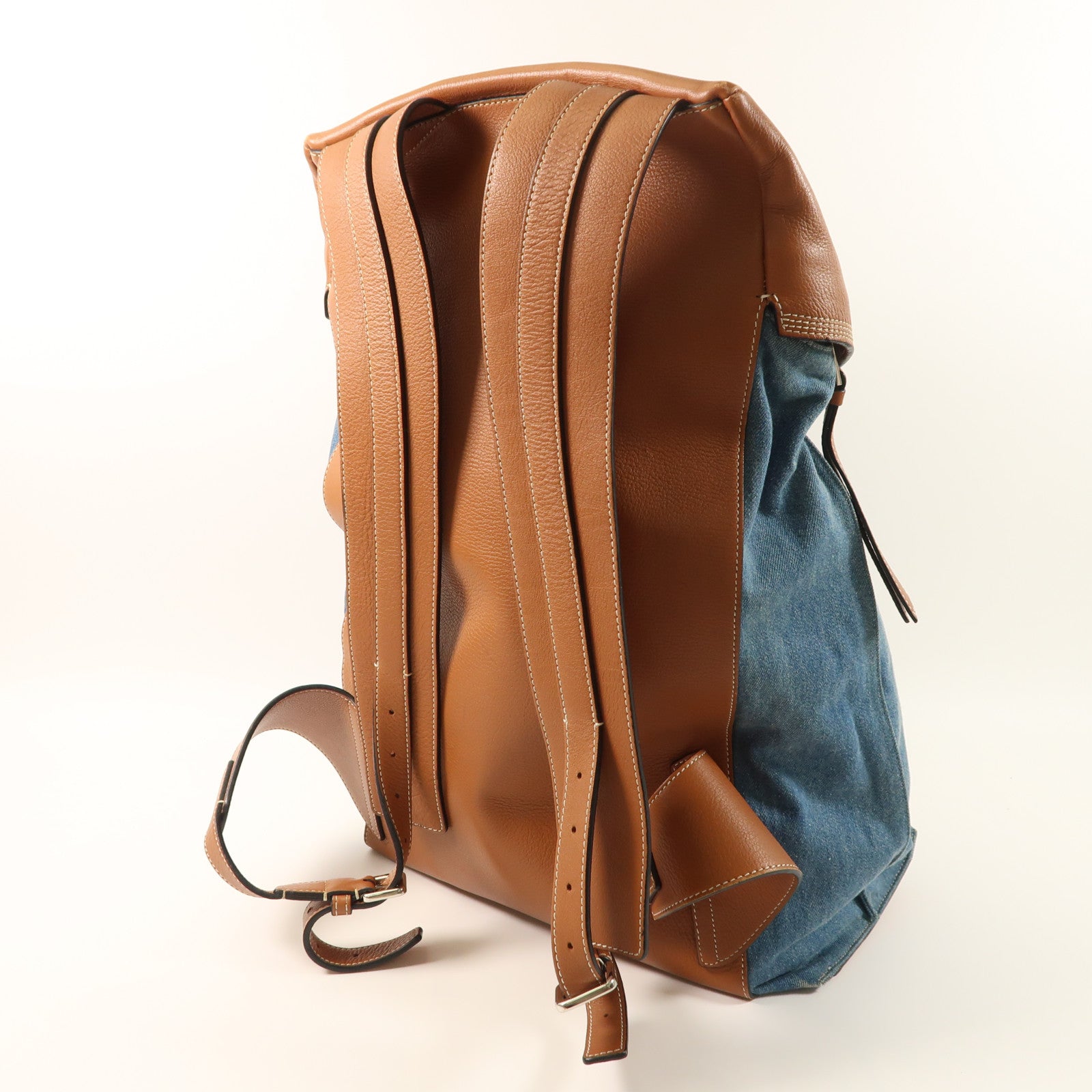 LOEWE 牛仔布/牛皮皮革Rucksack銀扣背包
