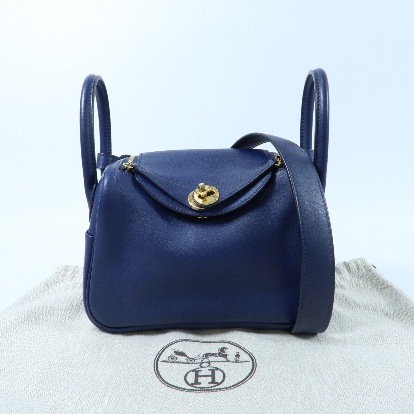 HERMES Swift皮革Mini Lindy金扣手挽肩背兩用袋Bleu Encre