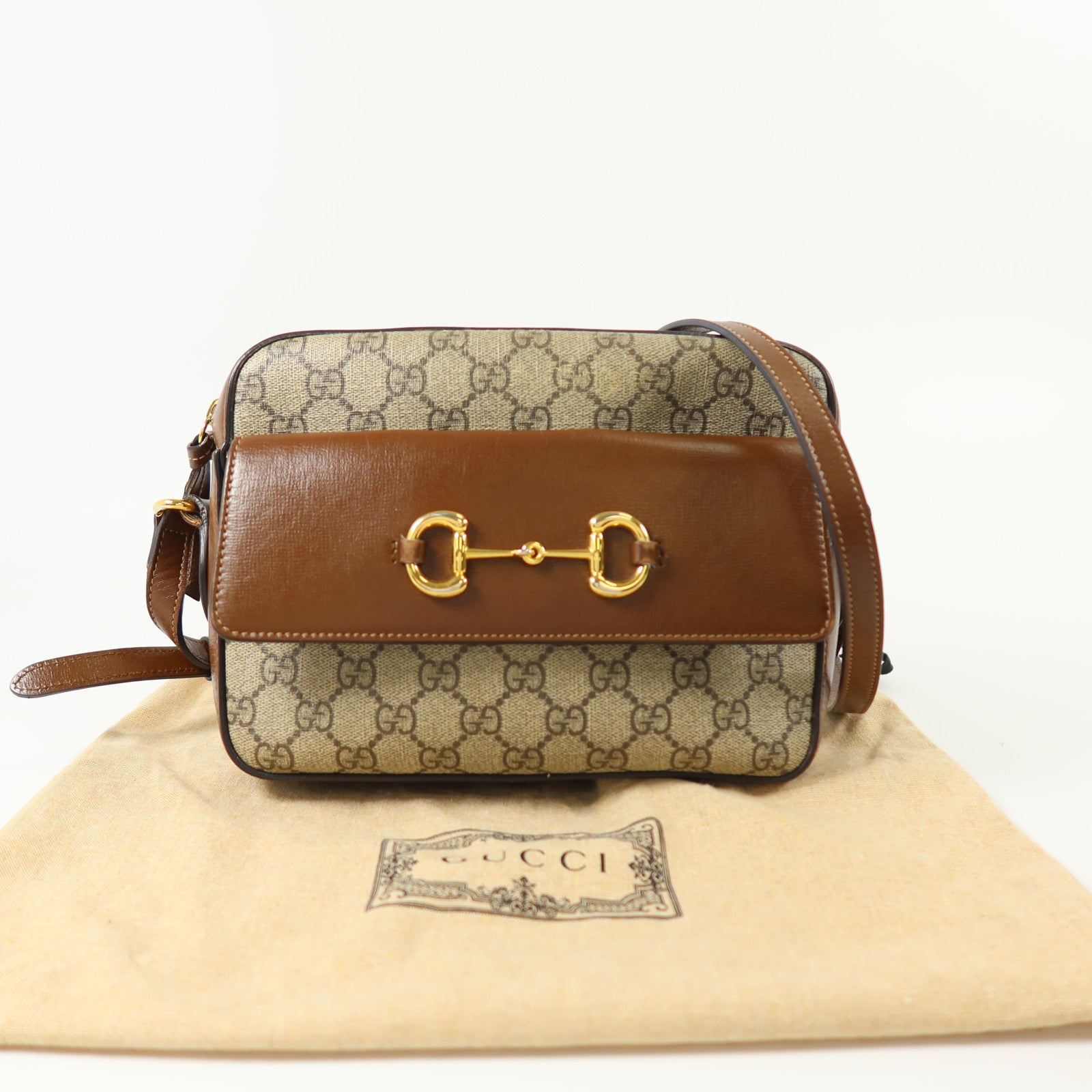 GUCCI 塗層帆布Horsebit 1955金扣肩背袋