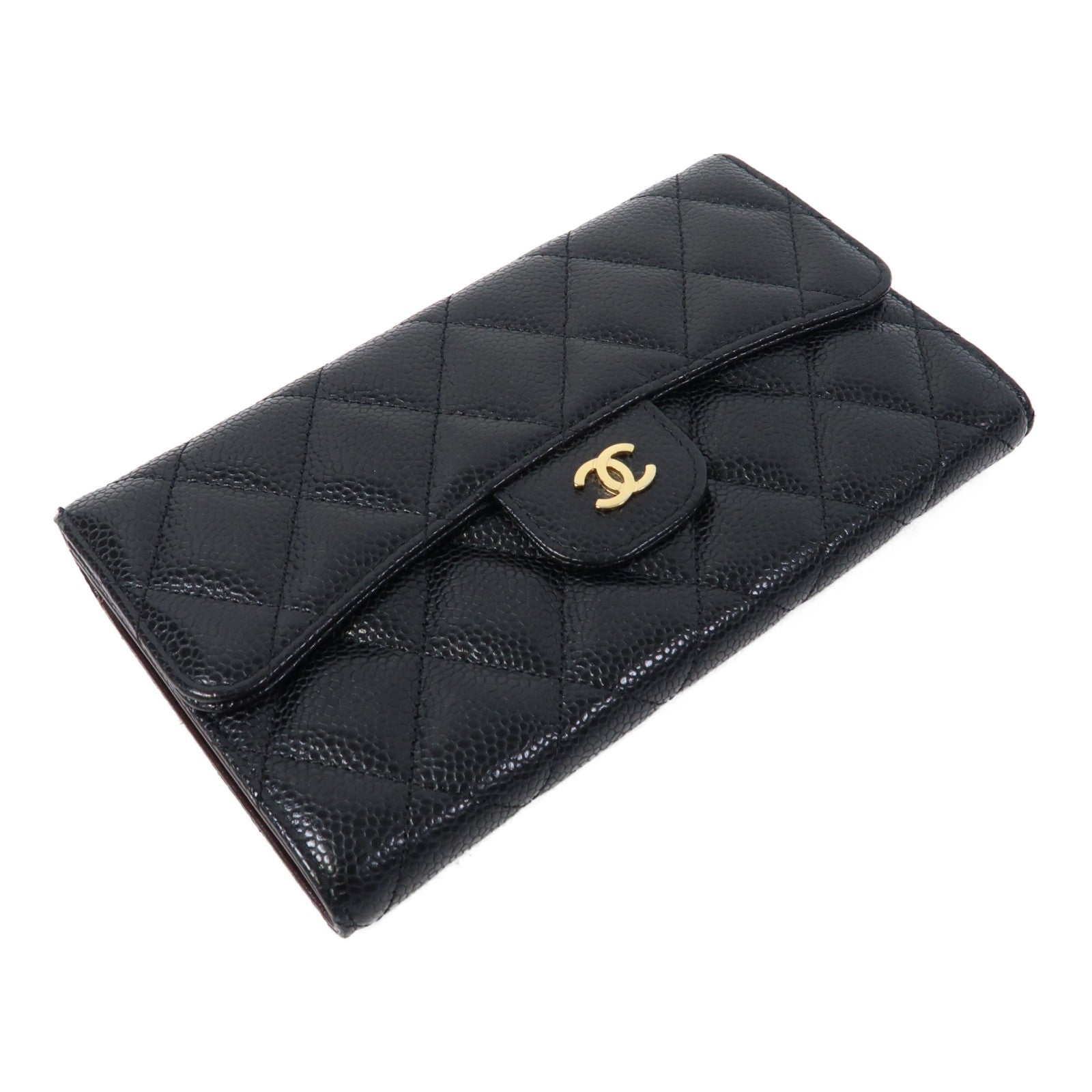 CHANEL 菱格Caviar皮革Long Wallet金扣長錢包黑色
