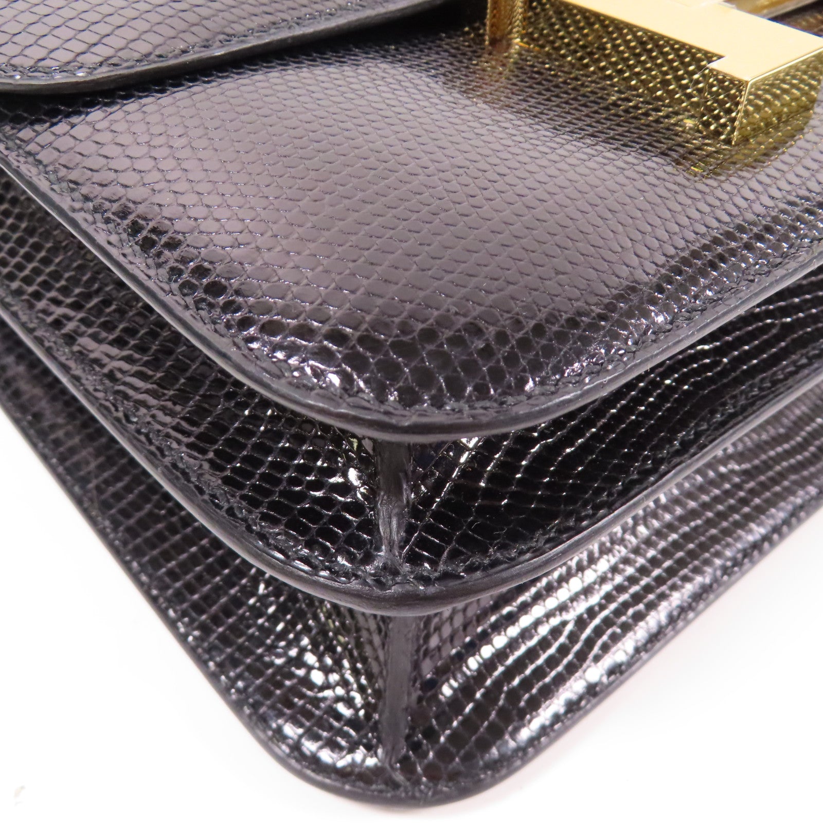 HERMES 蜥蝪皮革Constance 24金扣肩背袋Noir黑色